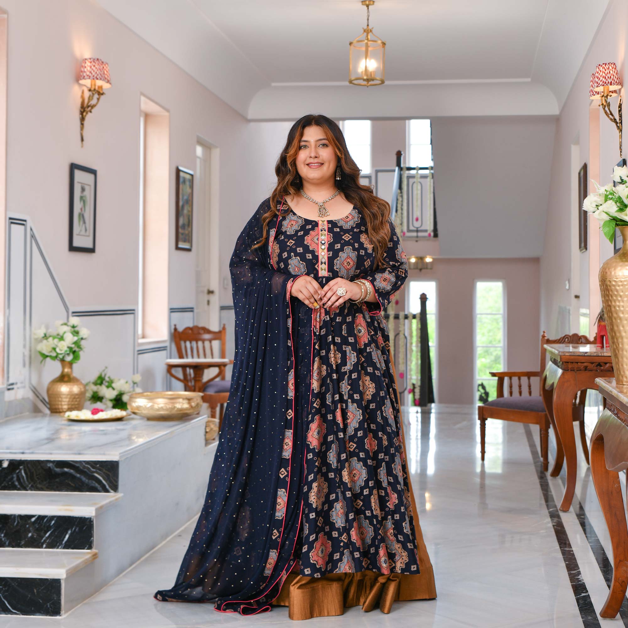 Madhvi- Midnight Blue Slit Anarkali Lehenga Set