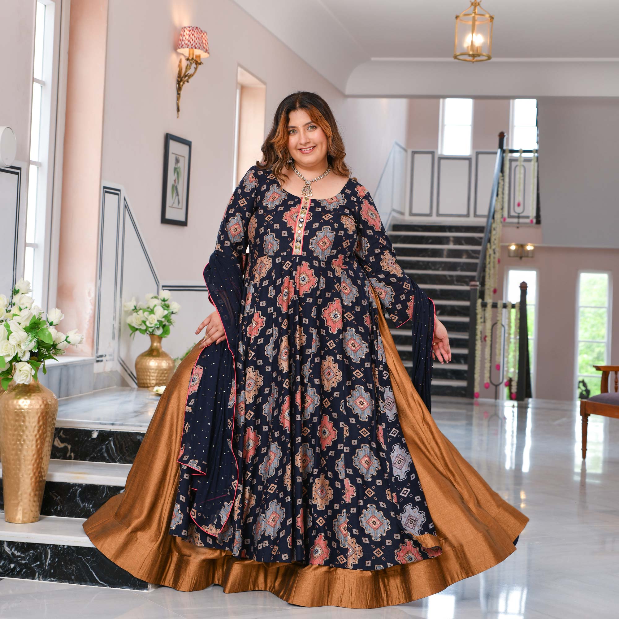 Madhvi- Midnight Blue Slit Anarkali Lehenga Set