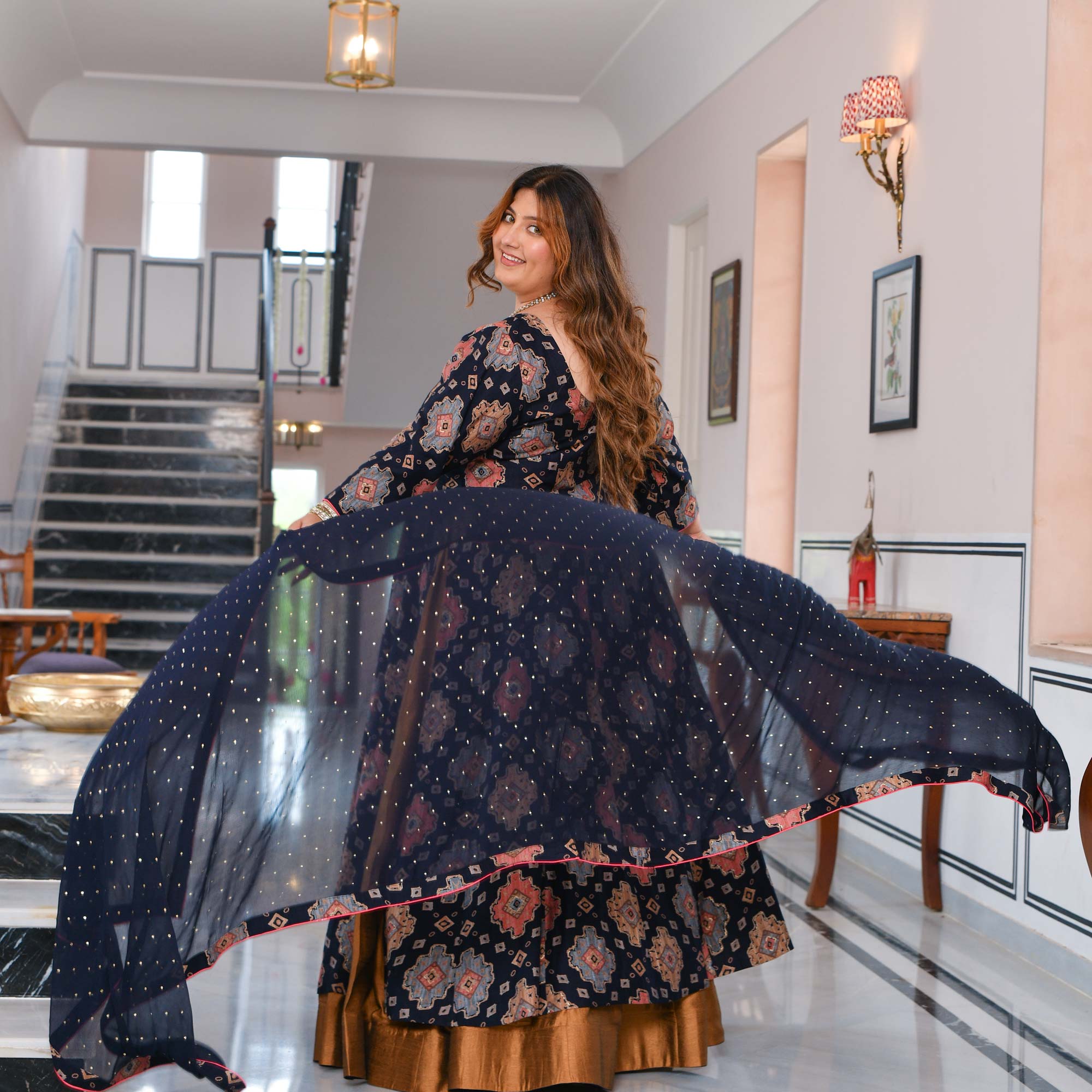 Madhvi- Midnight Blue Slit Anarkali Lehenga Set