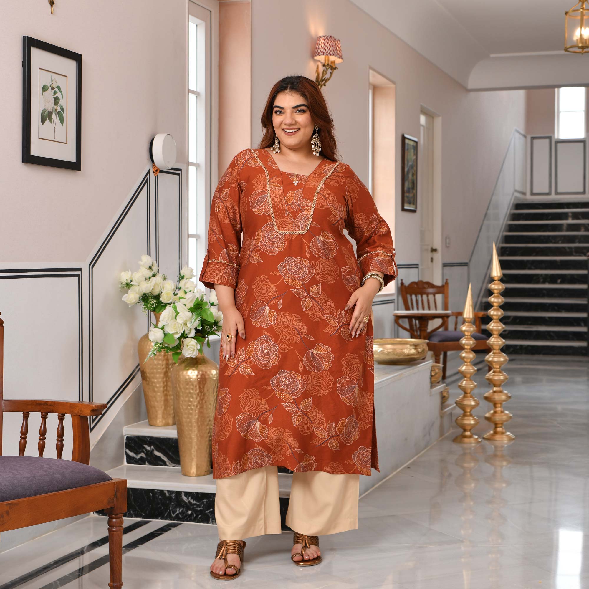Gunjan- Burnt Orange Floral Printed Viscose Kurta
