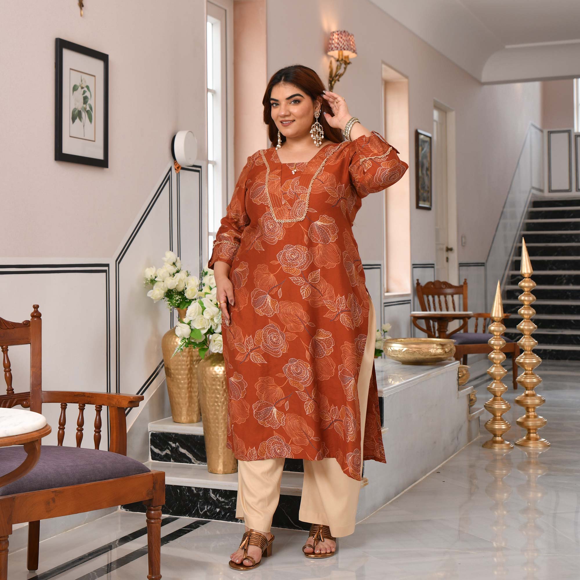 Gunjan- Burnt Orange Floral Printed Viscose Kurta