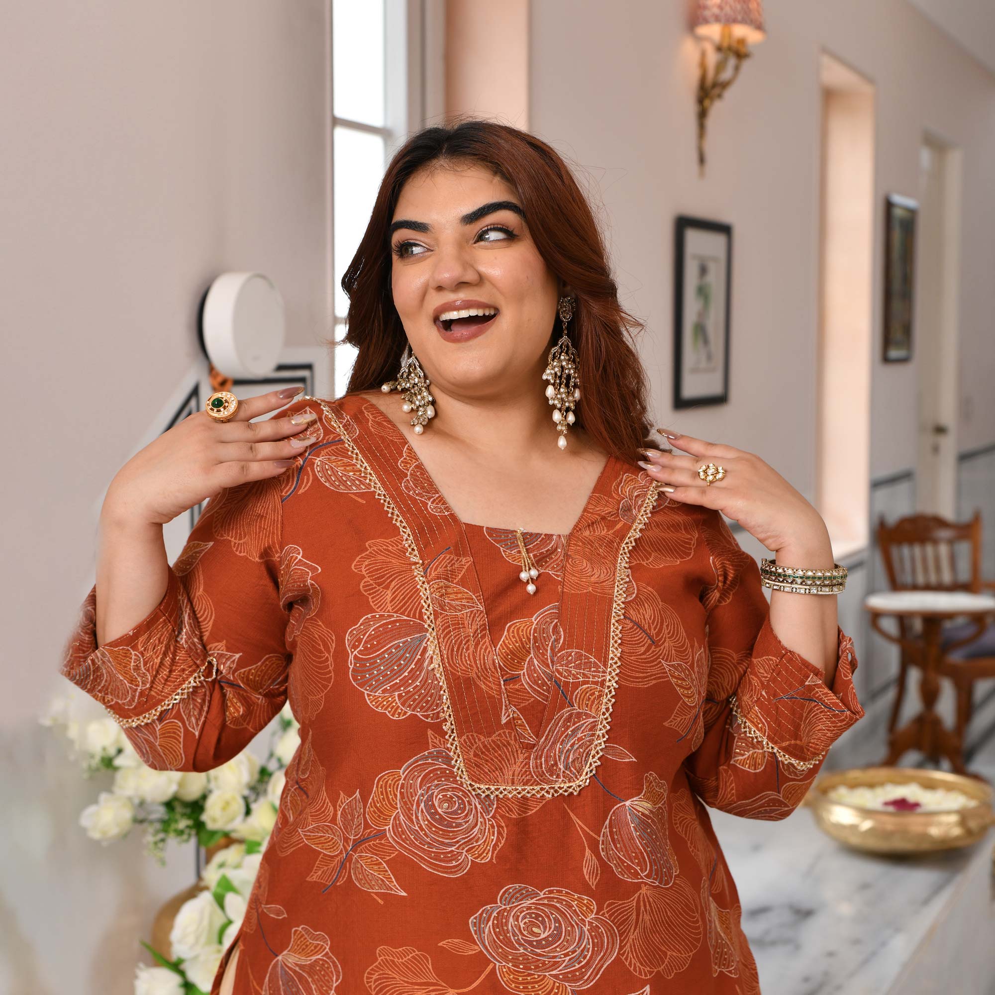 Gunjan- Burnt Orange Floral Printed Viscose Kurta
