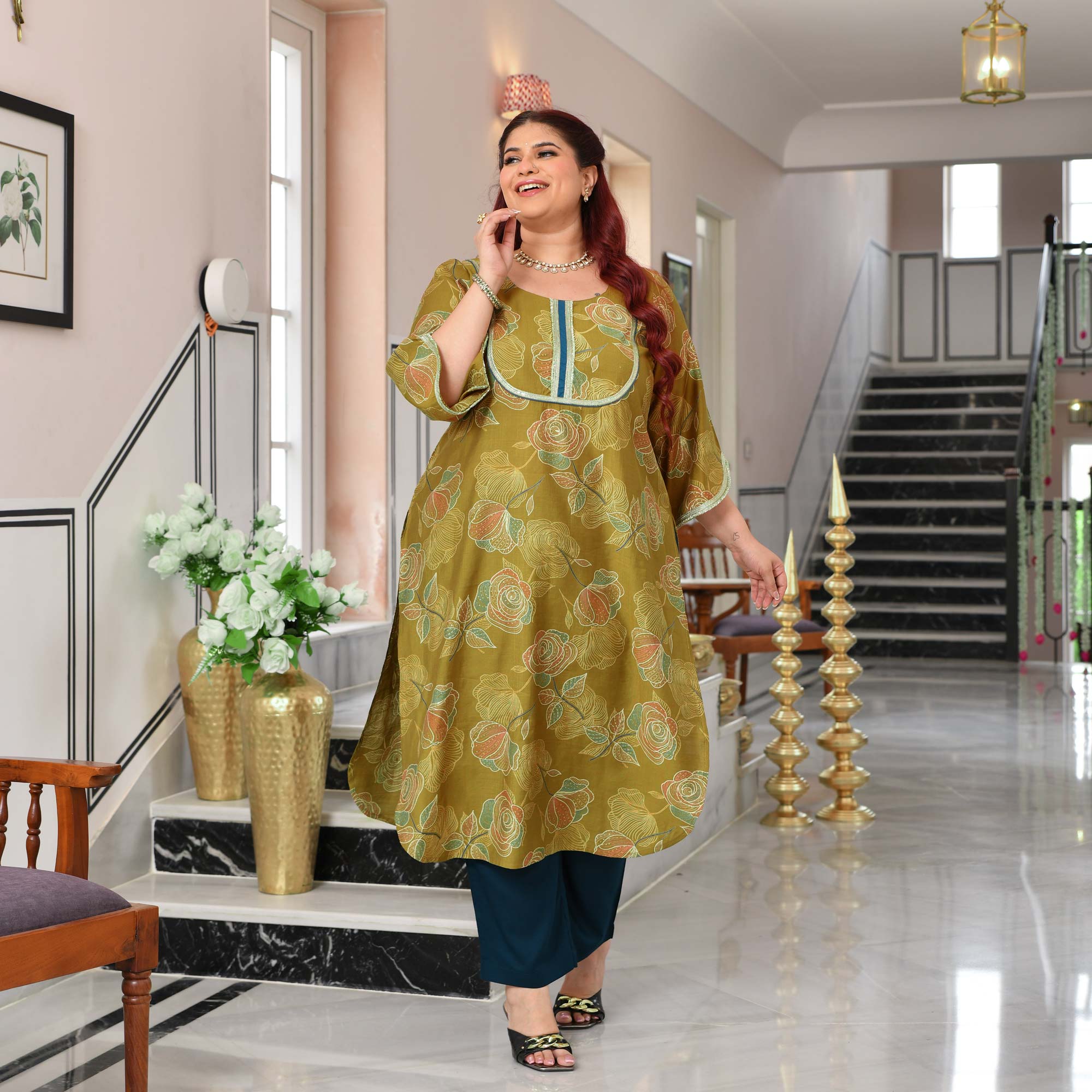 Charu- Pear Green Floral Modal Viscose Kurta