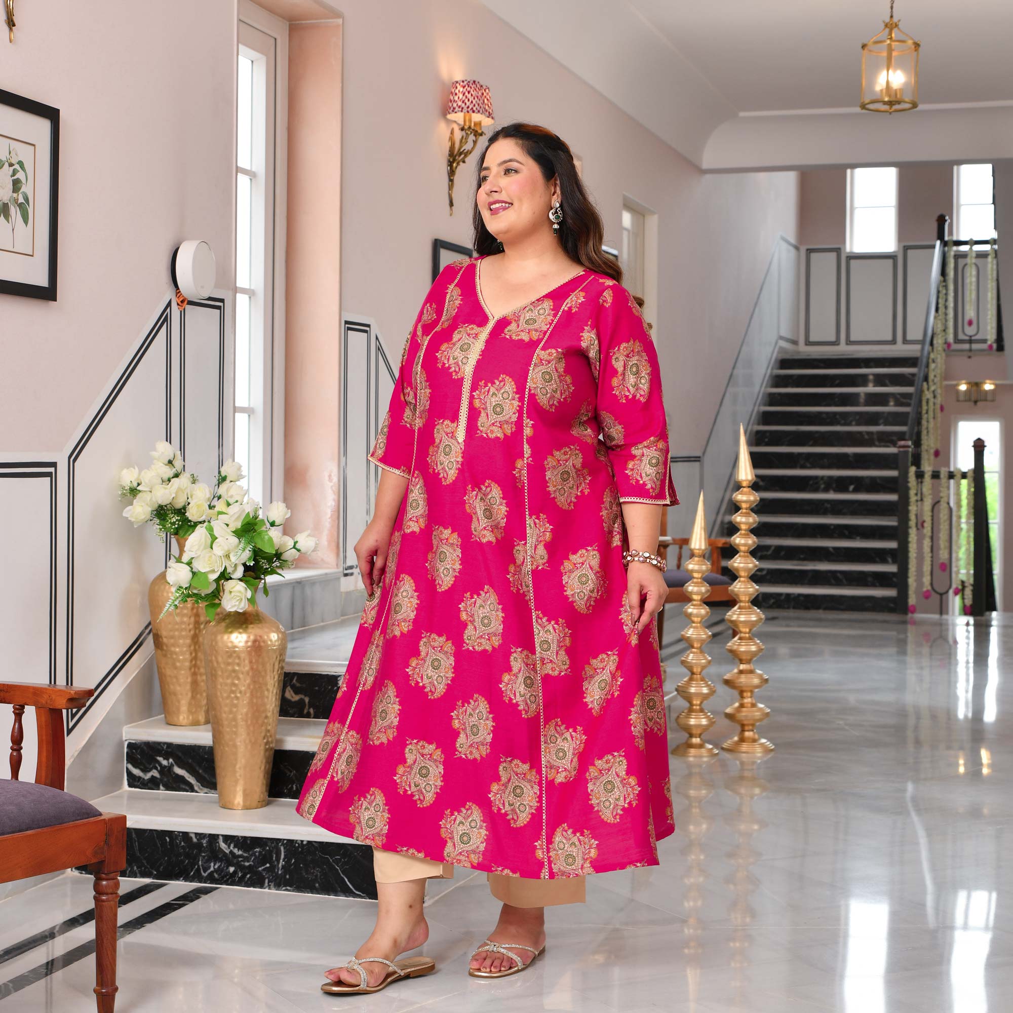 Sundari- Hot Pink Floral Printed Viscose A-line Kurta