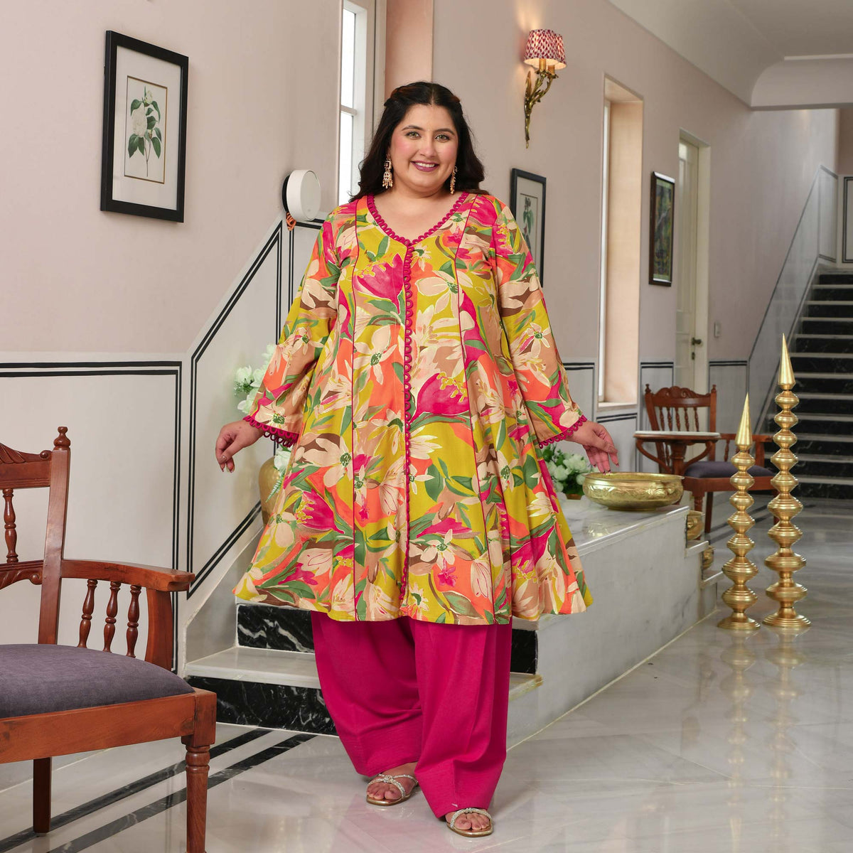 Monica- Lime Gardenia Floral Rayon Cotton Farshi Set