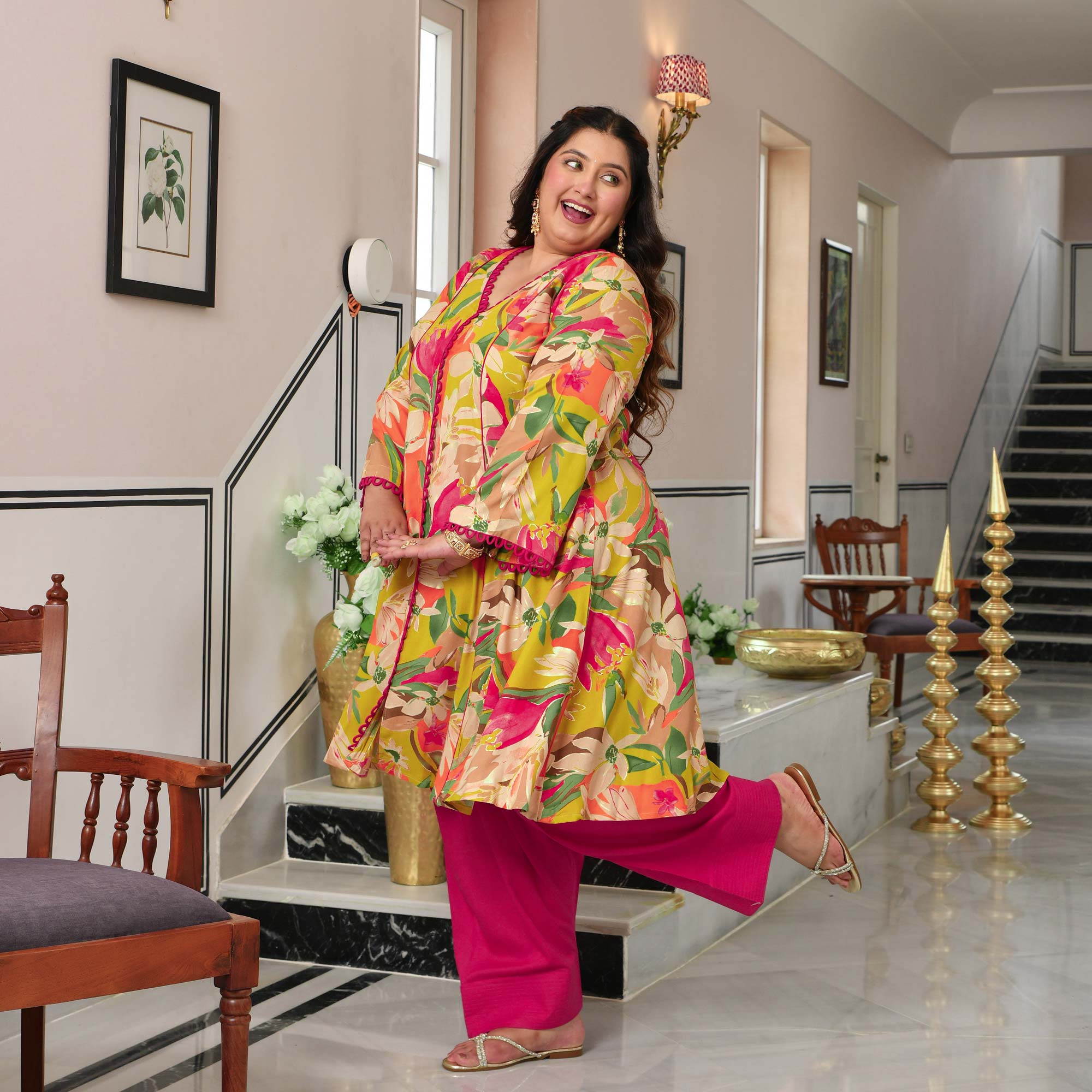 Monica- Lime Gardenia Floral Rayon Cotton Farshi Set