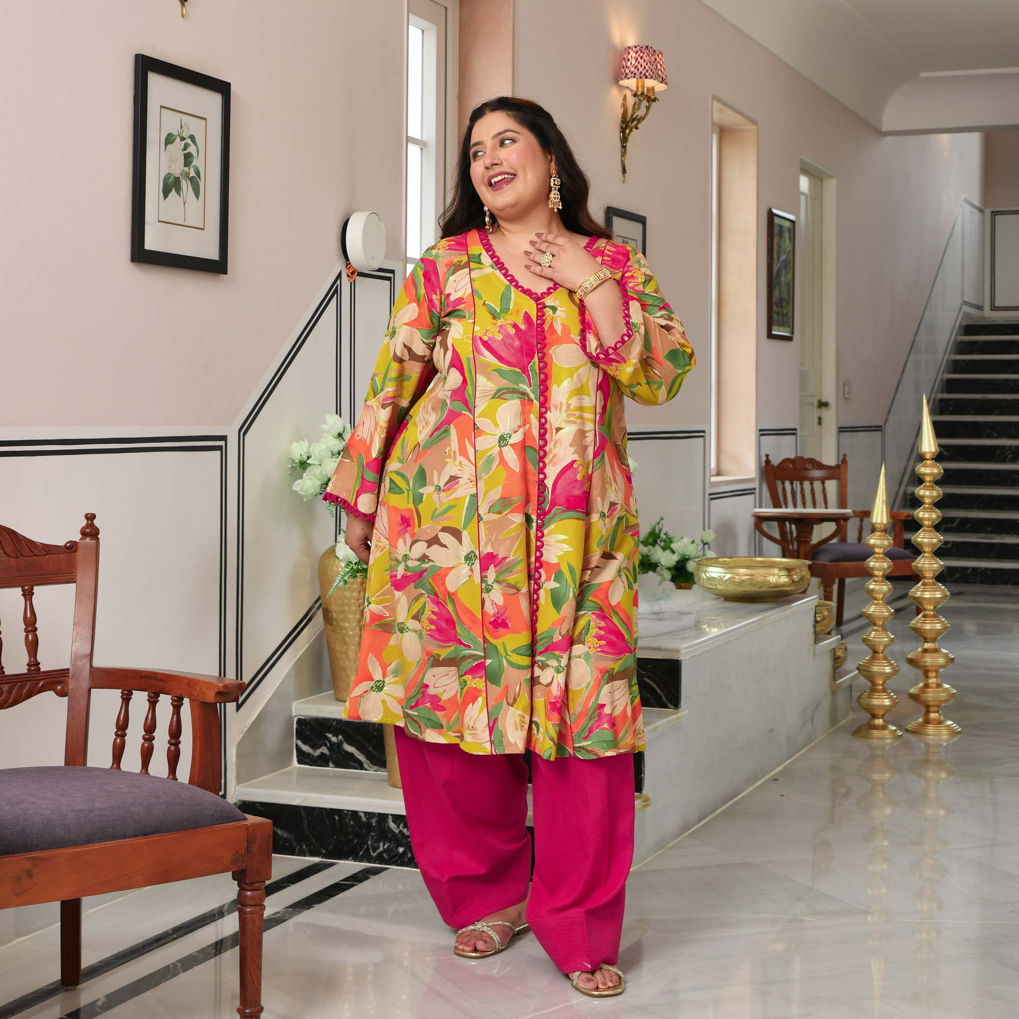 Monica- Lime Gardenia Floral Rayon Cotton Farshi Set