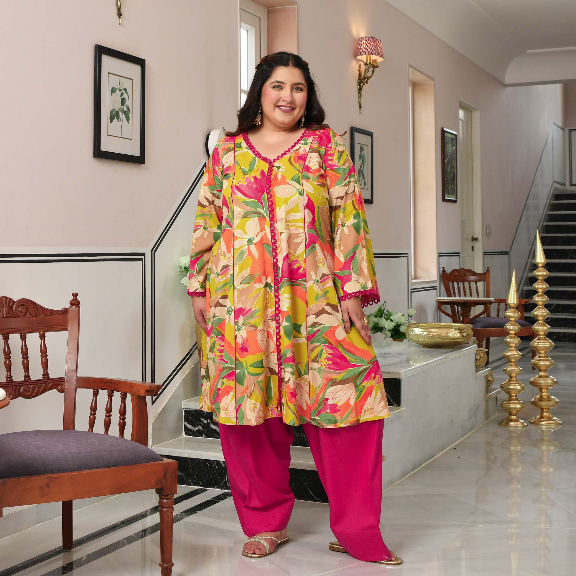 Monica- Lime Gardenia Floral Rayon Cotton Farshi Set