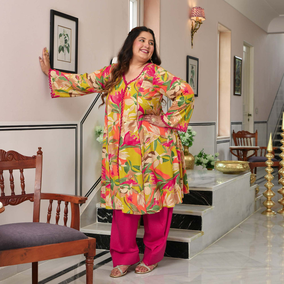 Monica- Lime Gardenia Floral Rayon Cotton Farshi Set