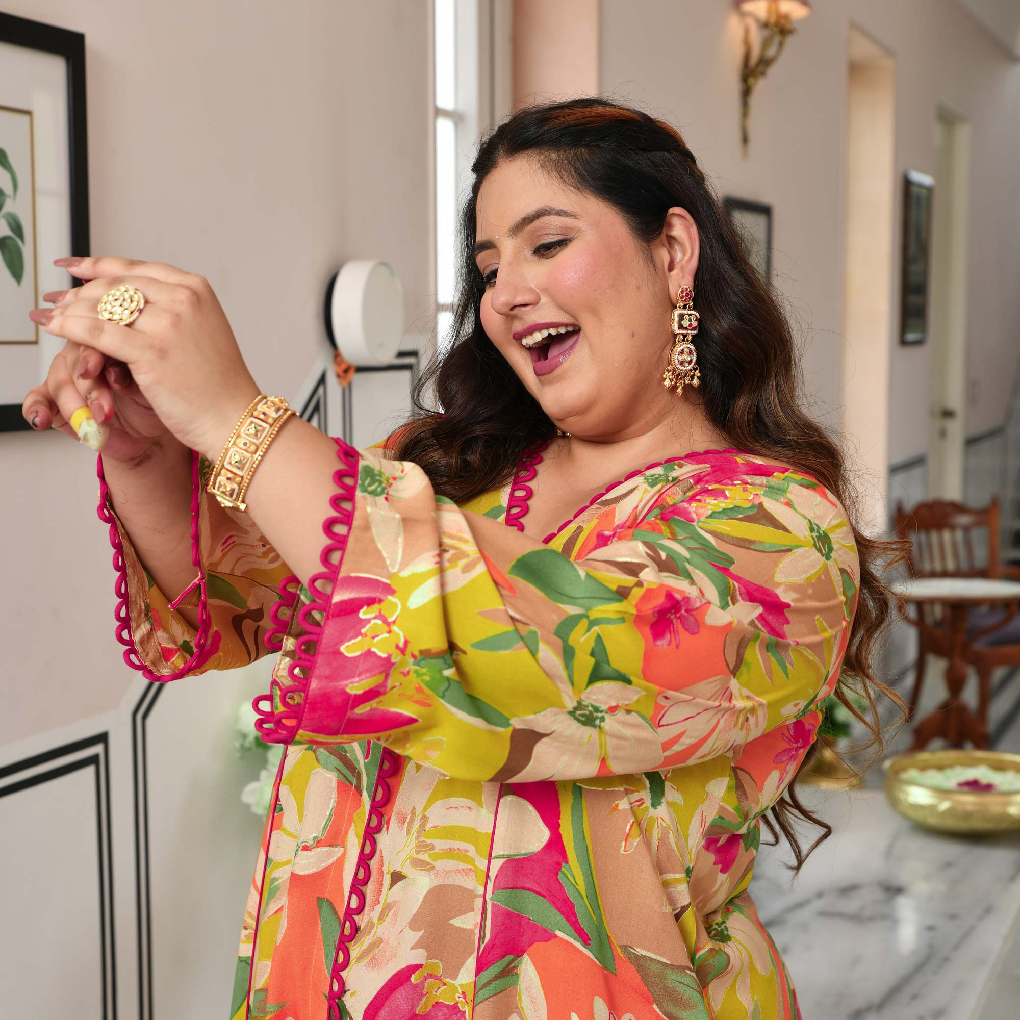 Monica- Lime Gardenia Floral Rayon Cotton Farshi Set