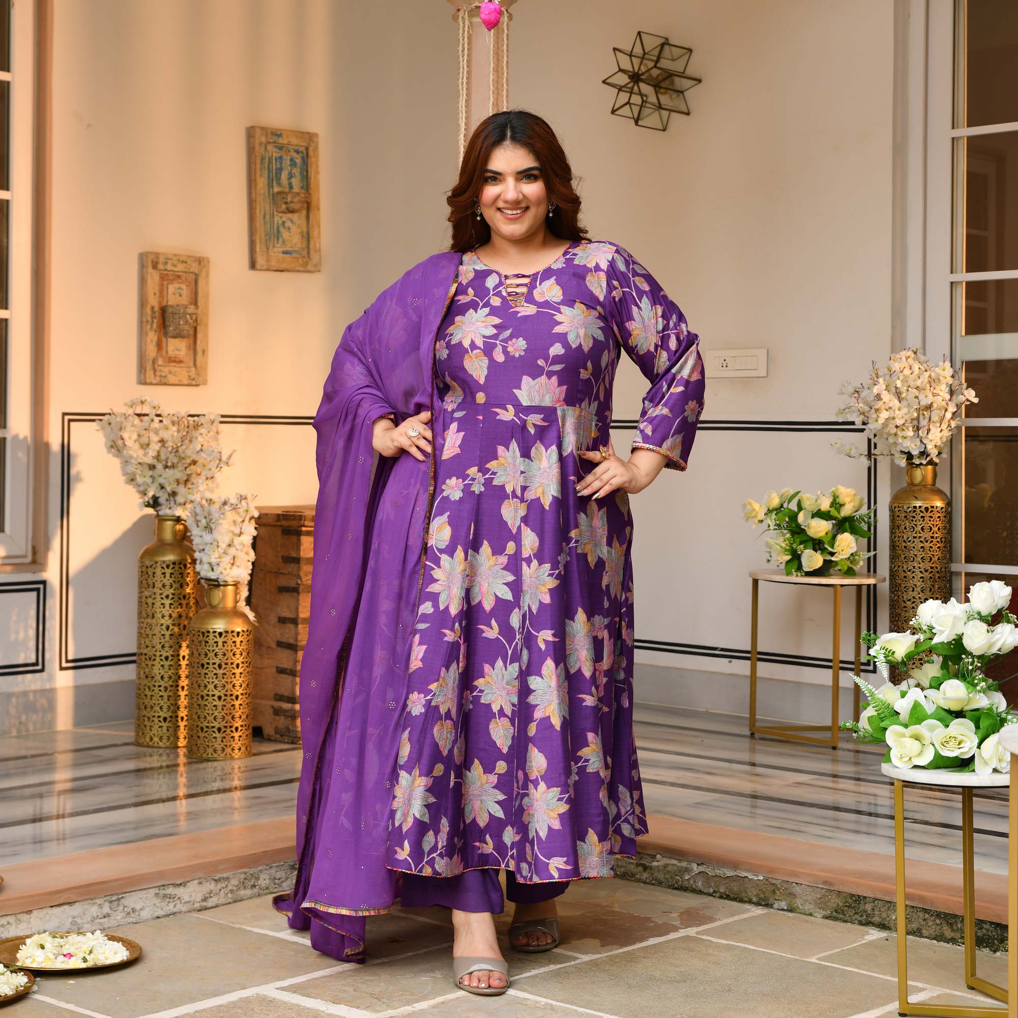 Radhika- Deep Purple Floral Modal Viscose Anarkali Set