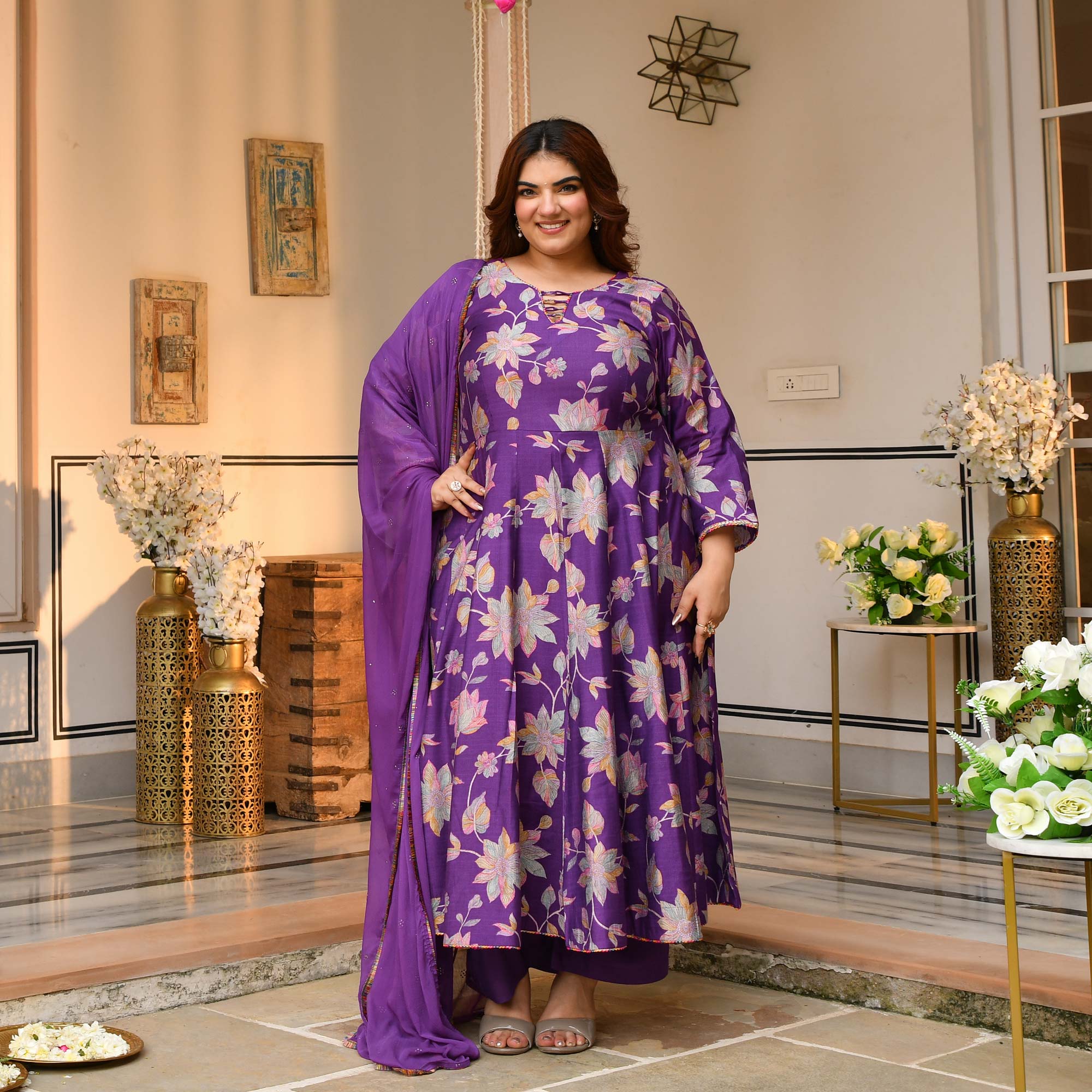 Radhika- Deep Purple Floral Modal Viscose Anarkali Set