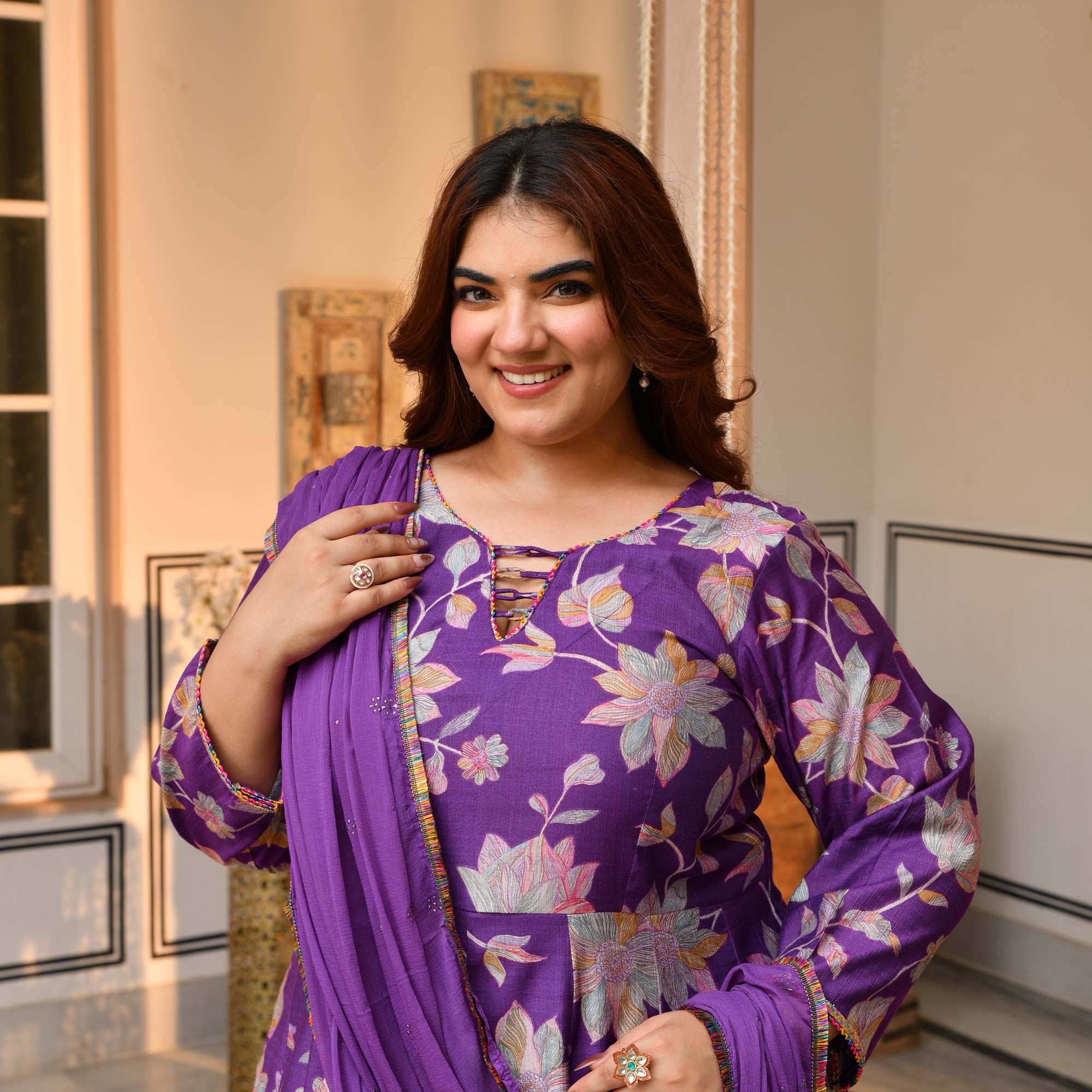 Radhika- Deep Purple Floral Modal Viscose Anarkali Set