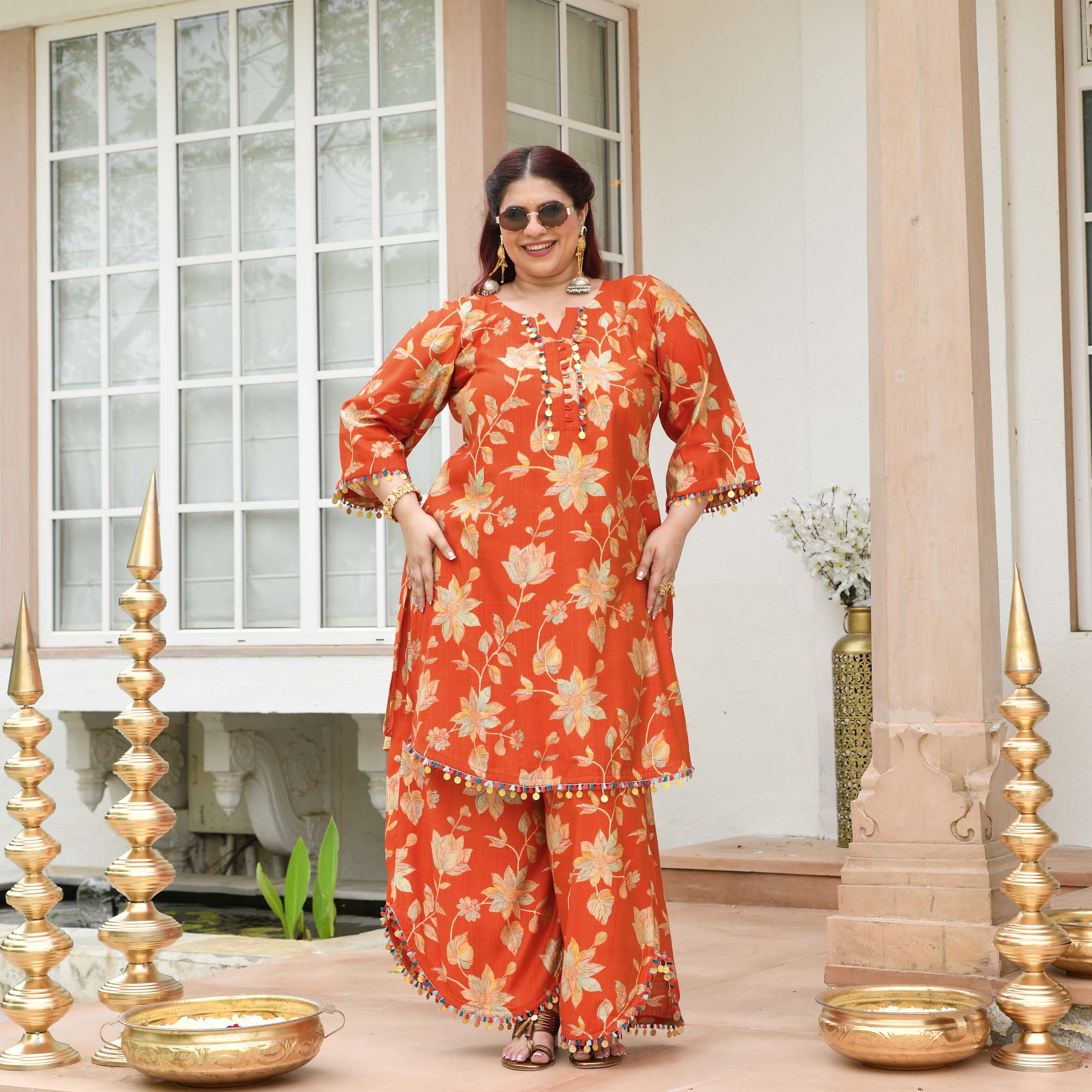 Manjari- Tangy Orange Floral Modal Viscose Co-ord Set