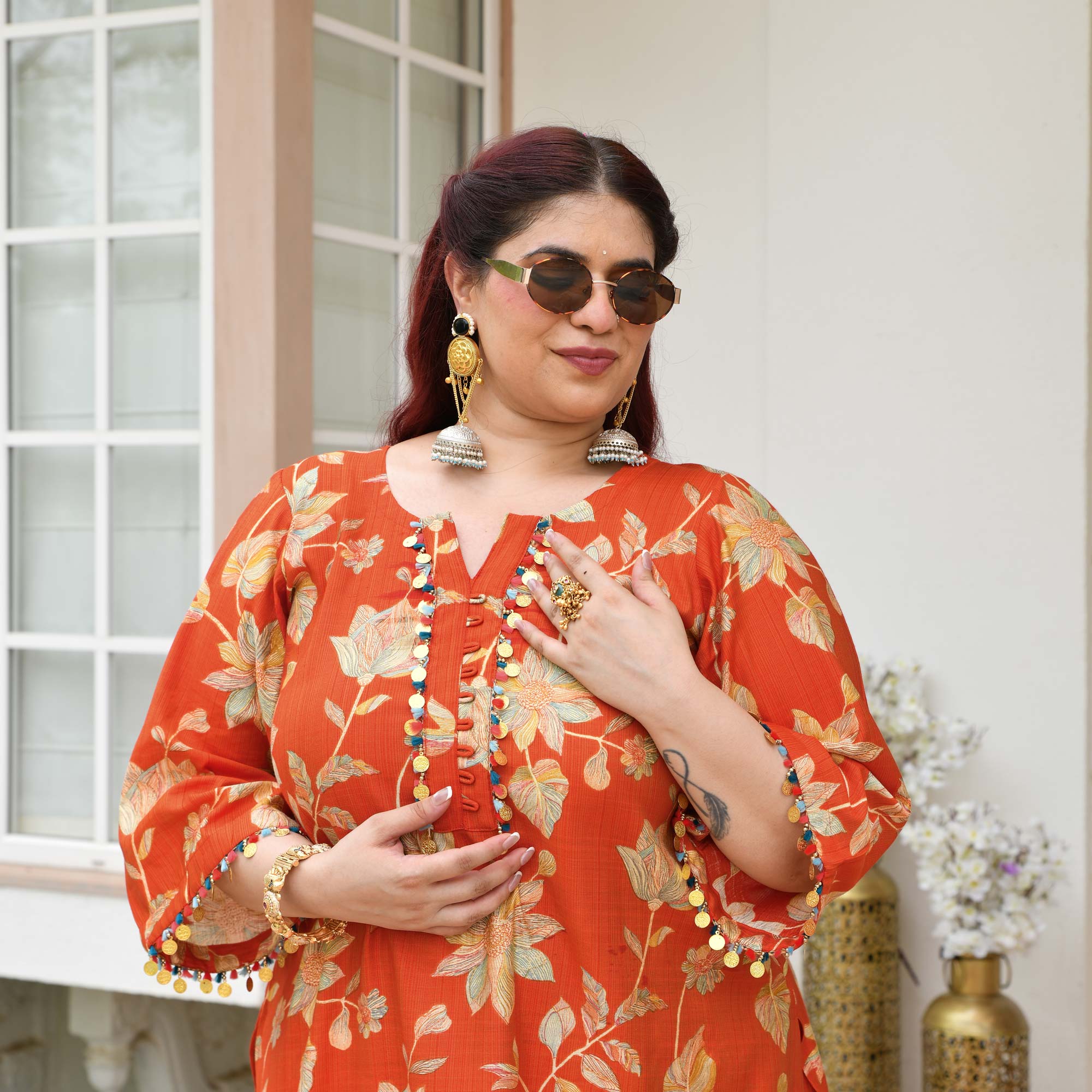 Manjari- Tangy Orange Floral Modal Viscose Co-ord Set