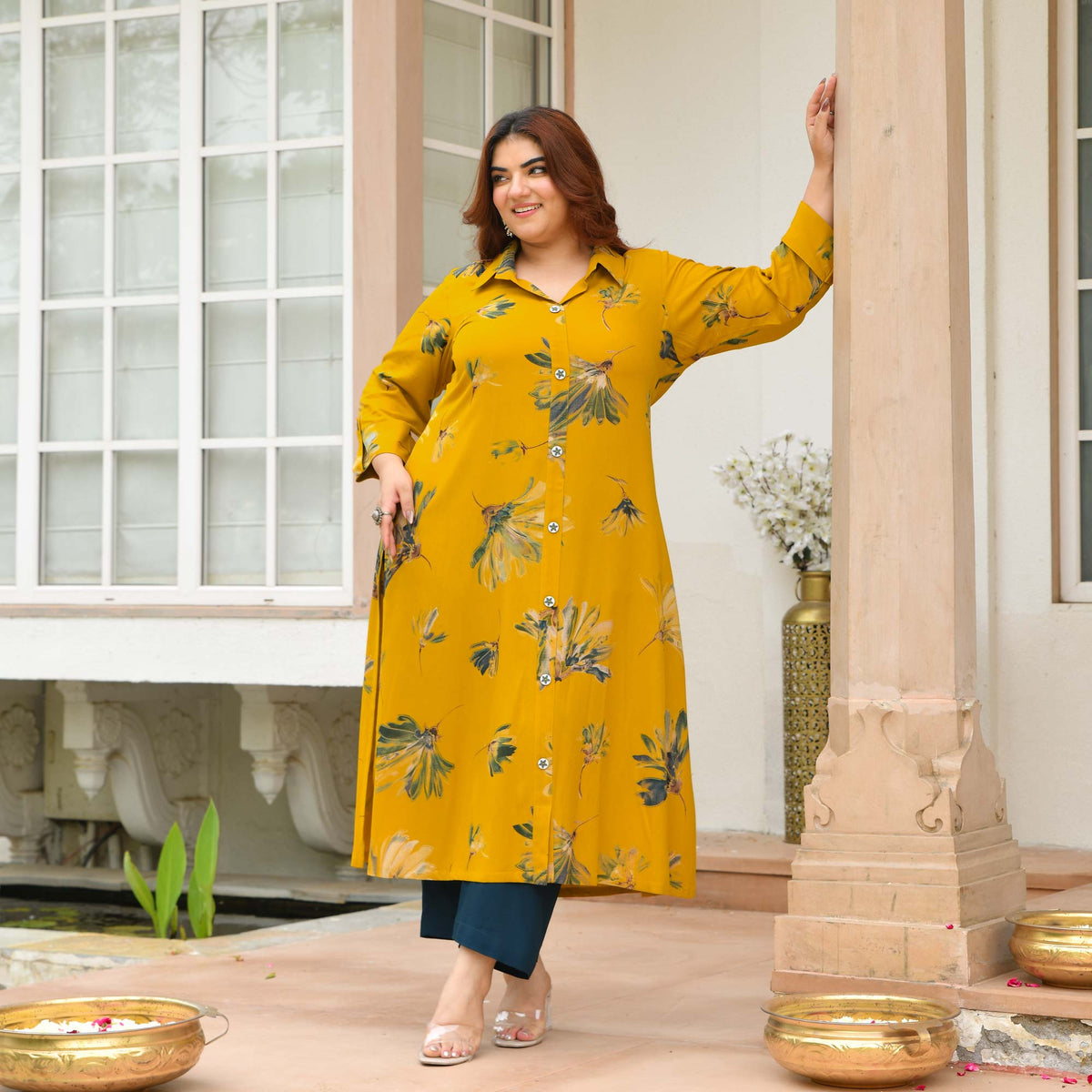 Alice- Mustard Floral Printed Heavy GSM Rayon Cotton Kurta