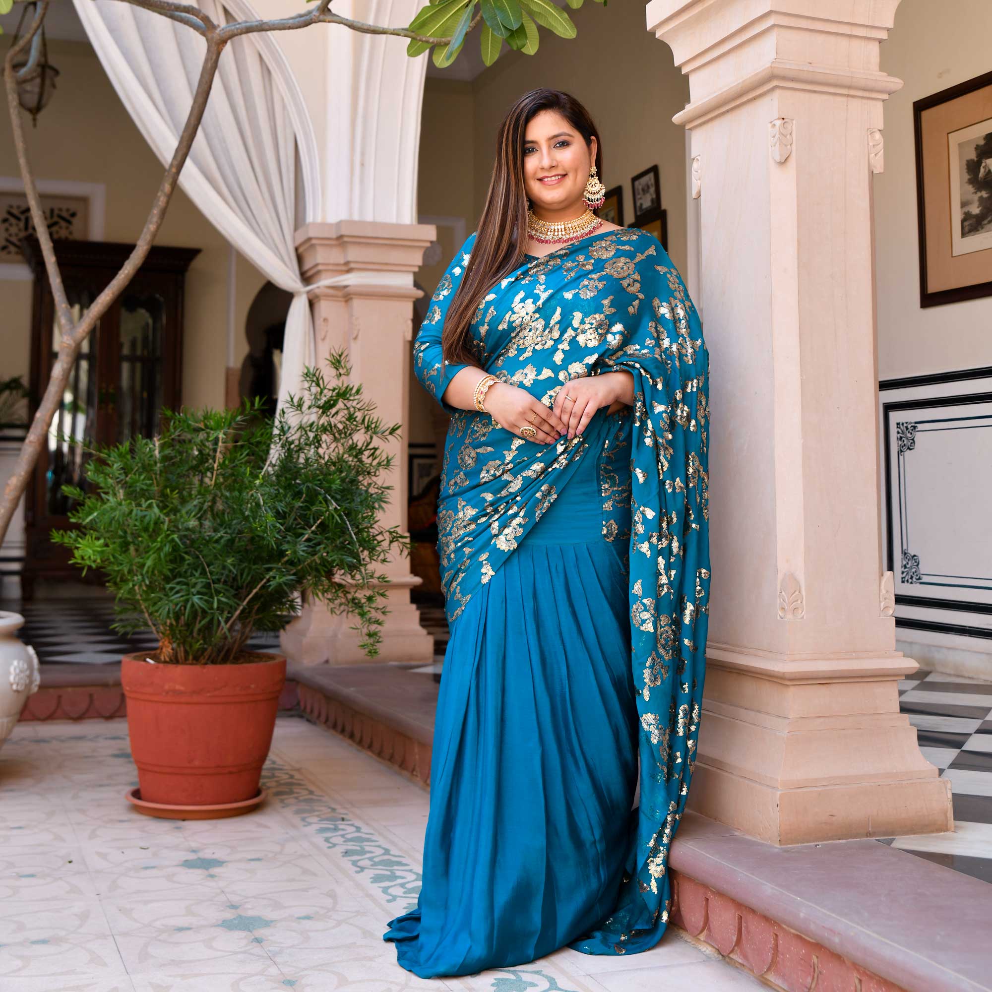 Breezy Blue Glam Sequin Embroidered Drape Saree Set