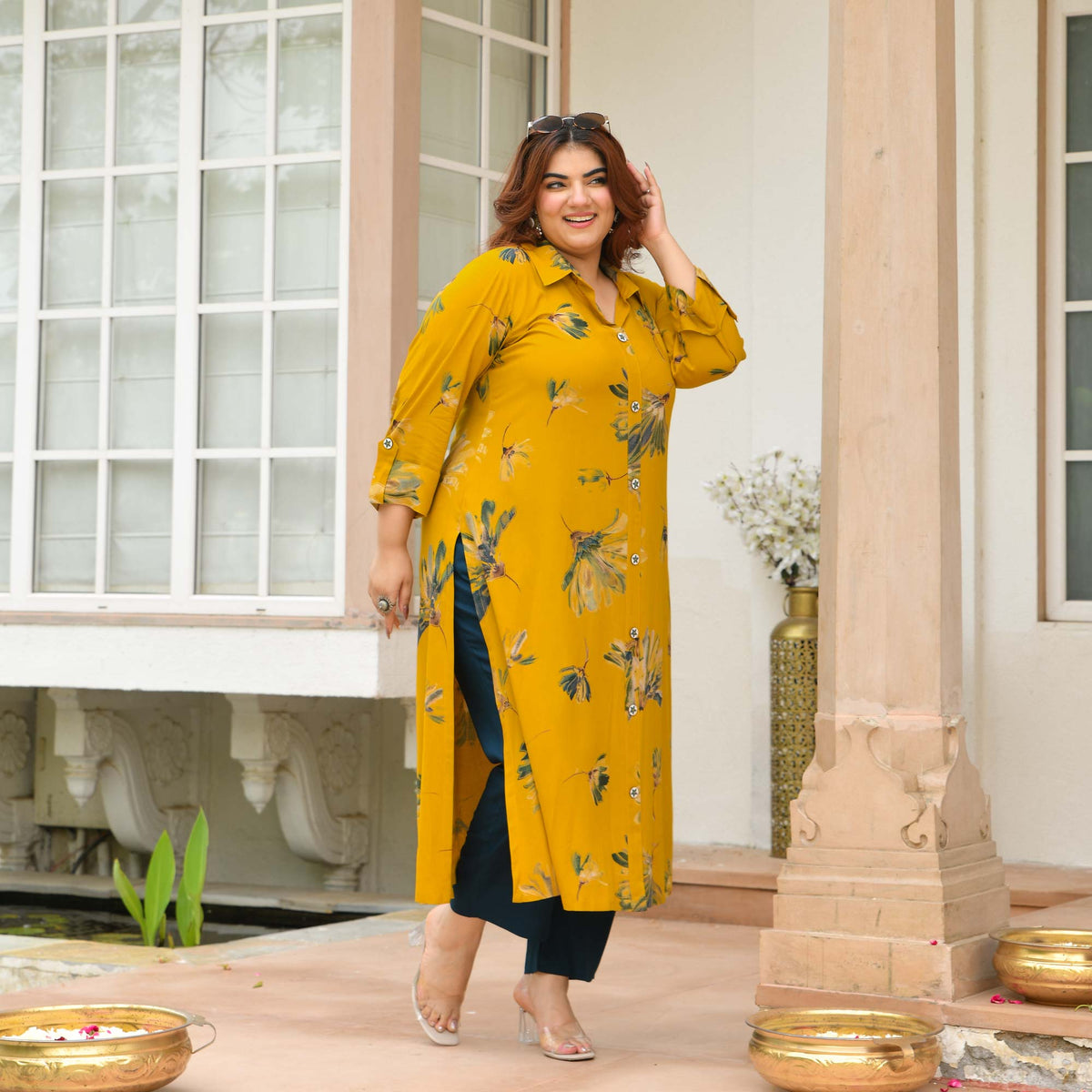 Alice- Mustard Floral Printed Heavy GSM Rayon Cotton Kurta