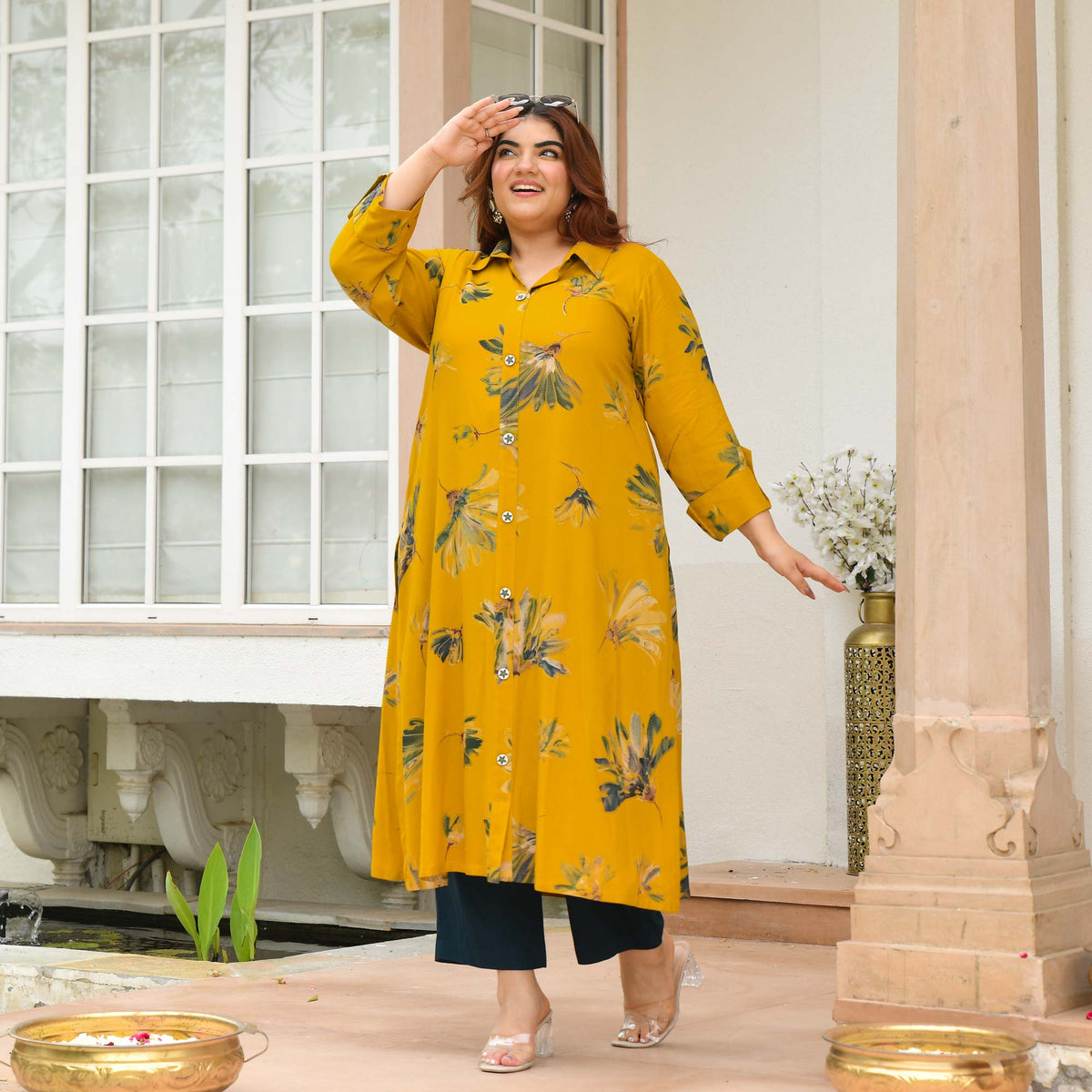 Alice- Mustard Floral Printed Heavy GSM Rayon Cotton Kurta