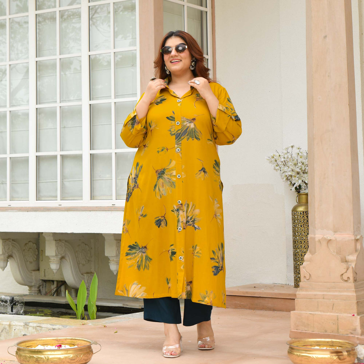 Alice- Mustard Floral Printed Heavy GSM Rayon Cotton Kurta