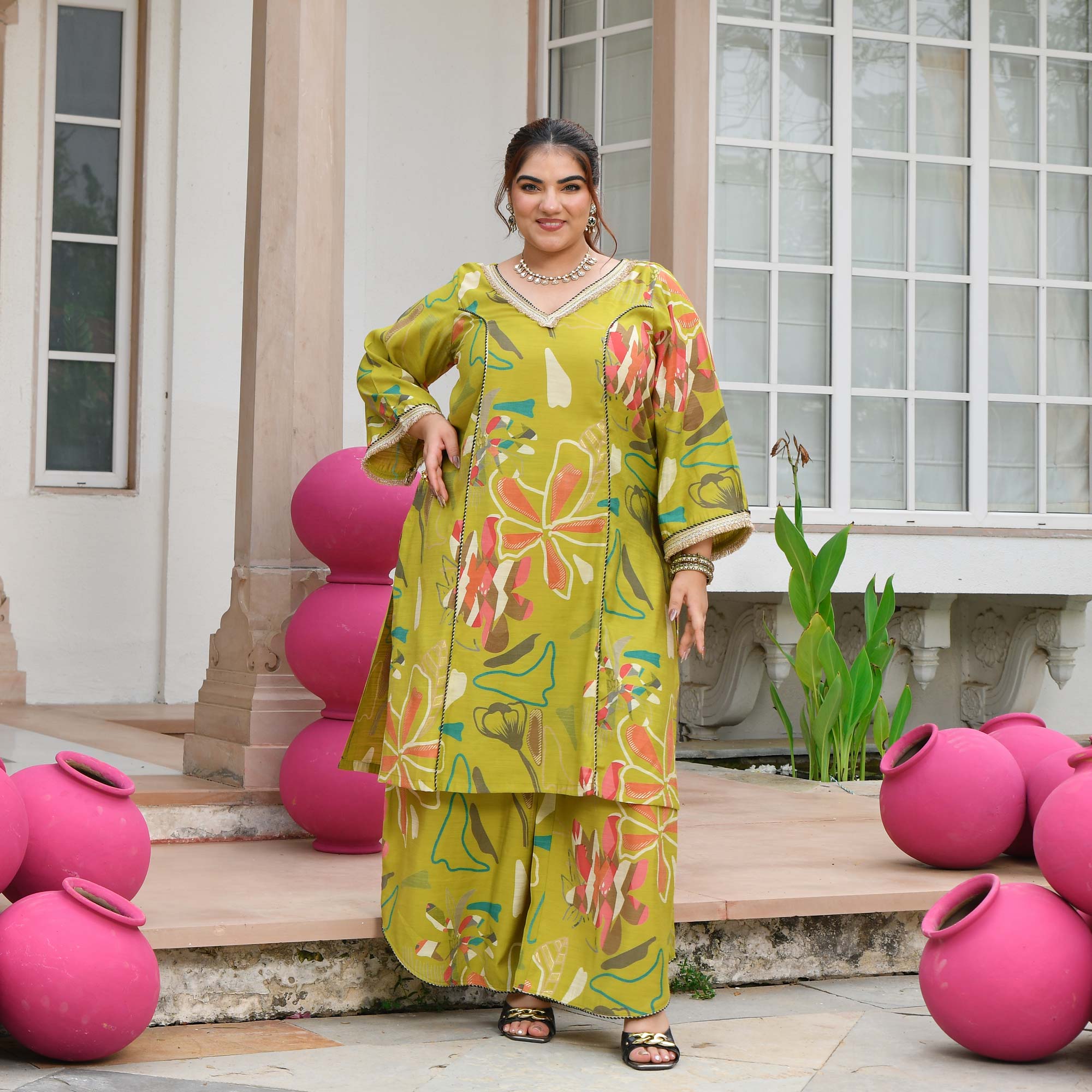 Malvika- Lime Floral Modal Viscose Co-ord Set