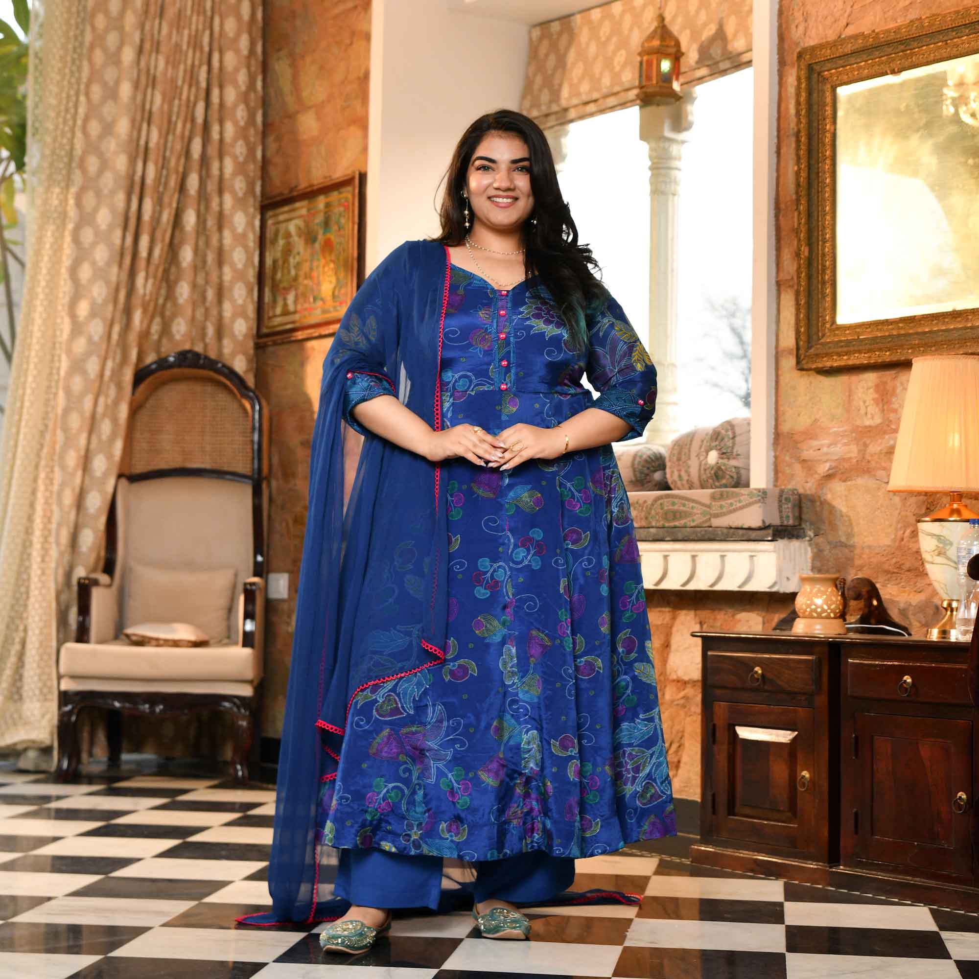 Bluebell Petals- Royal Blue Floral Printed Pure Organza Anarkali Set