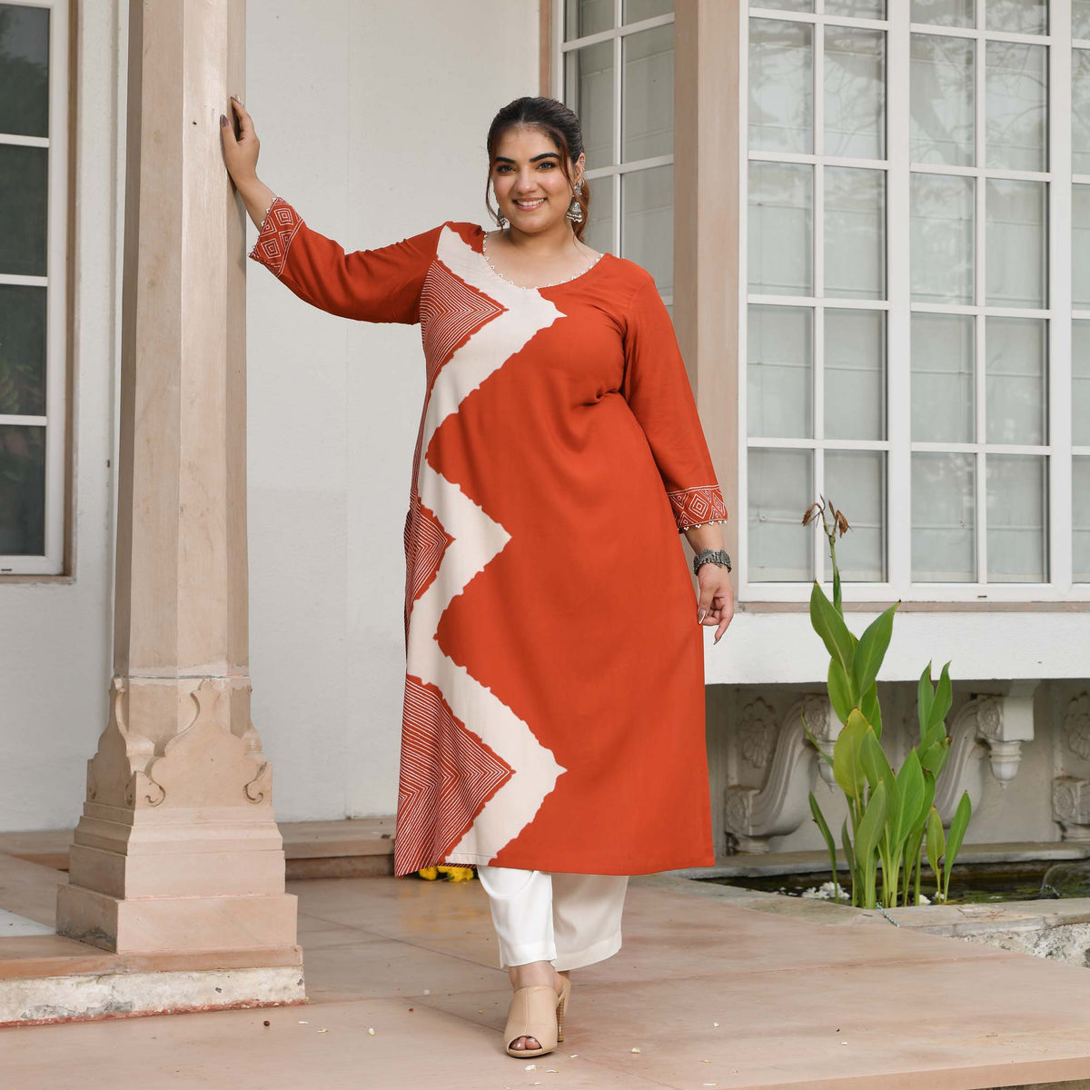 Miranda- Rust Orange Geometrical Print Rayon Cotton Kurta