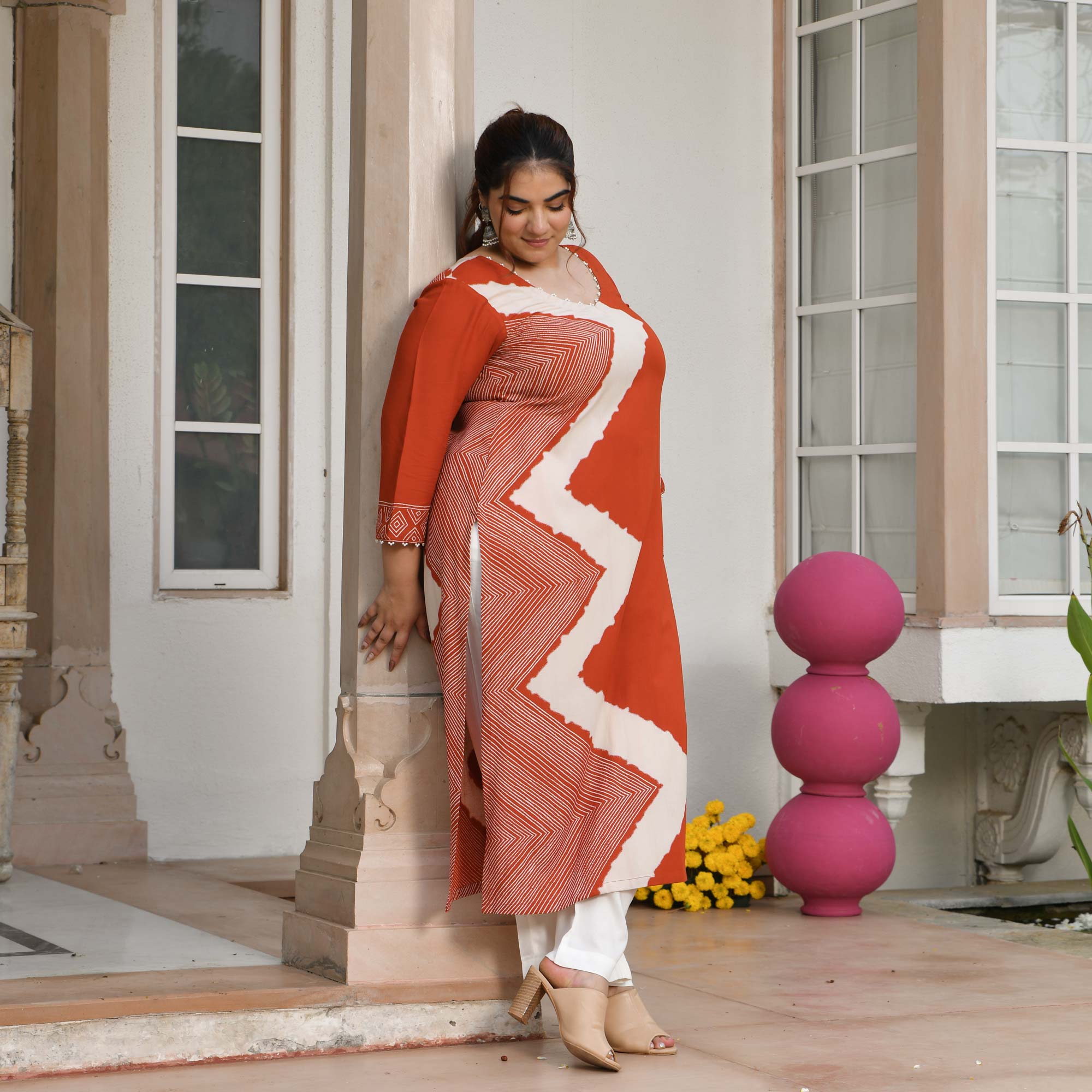 Miranda- Rust Orange Geometrical Print Rayon Cotton Kurta
