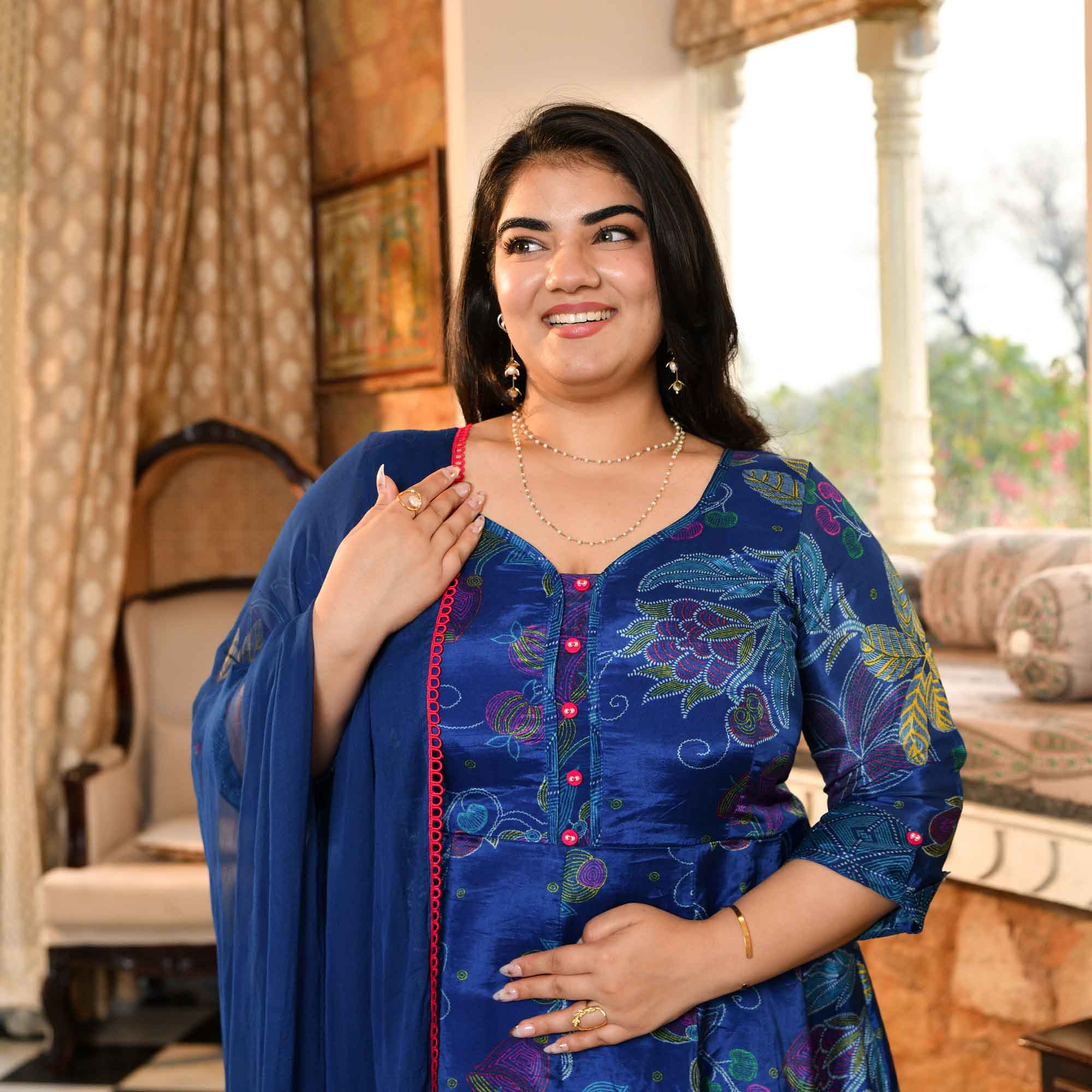 Bluebell Petals- Royal Blue Floral Printed Pure Organza Anarkali Set