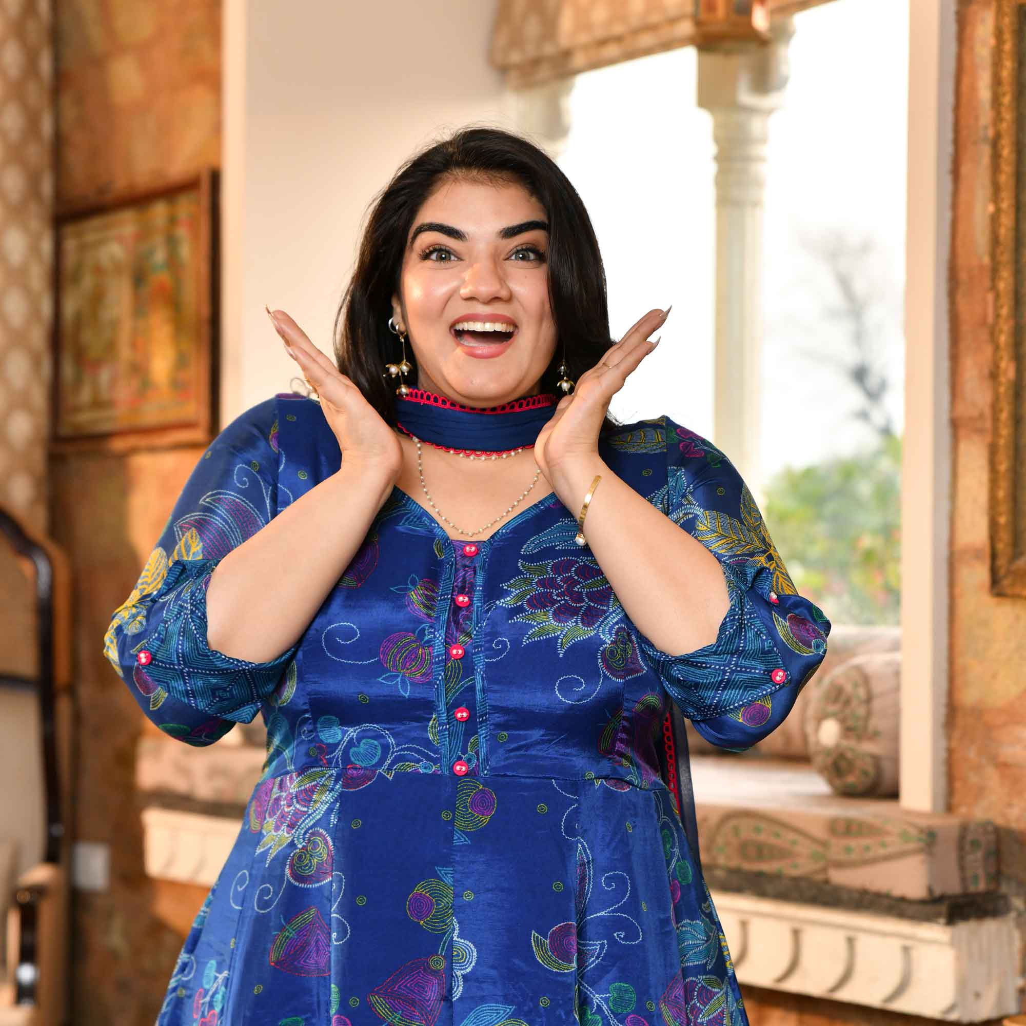 Bluebell Petals- Royal Blue Floral Printed Pure Organza Anarkali Set