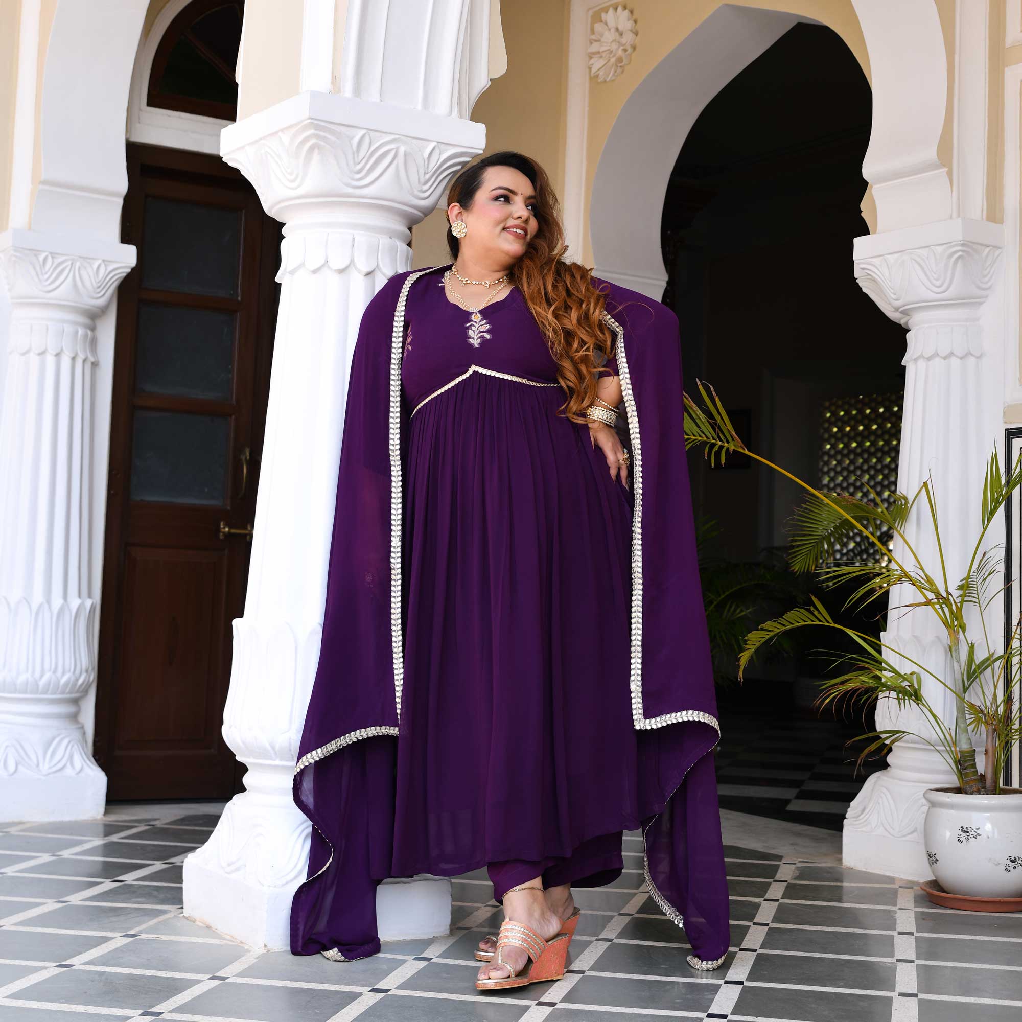 Buy Deep Purple Banarasi Alia Cut Georgette Suit Set
