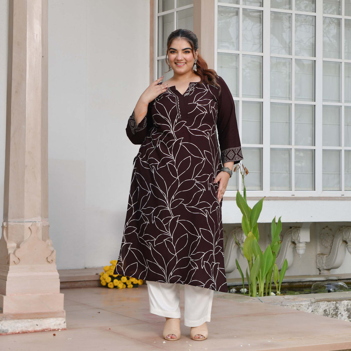 Lucy- Cola Floral Embroidered Rayon Cotton Kurta