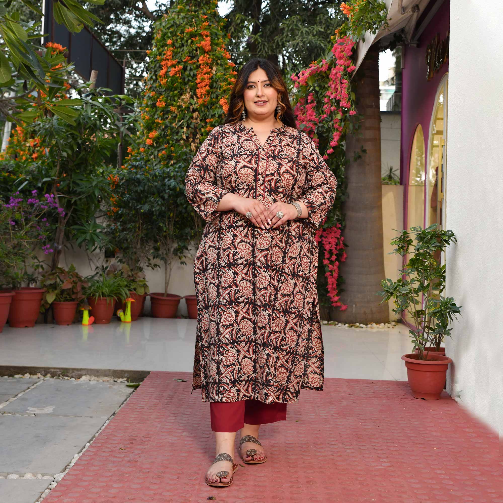 Woody Brown- Black & Beige Kalamkari Pure Cotton Kurta