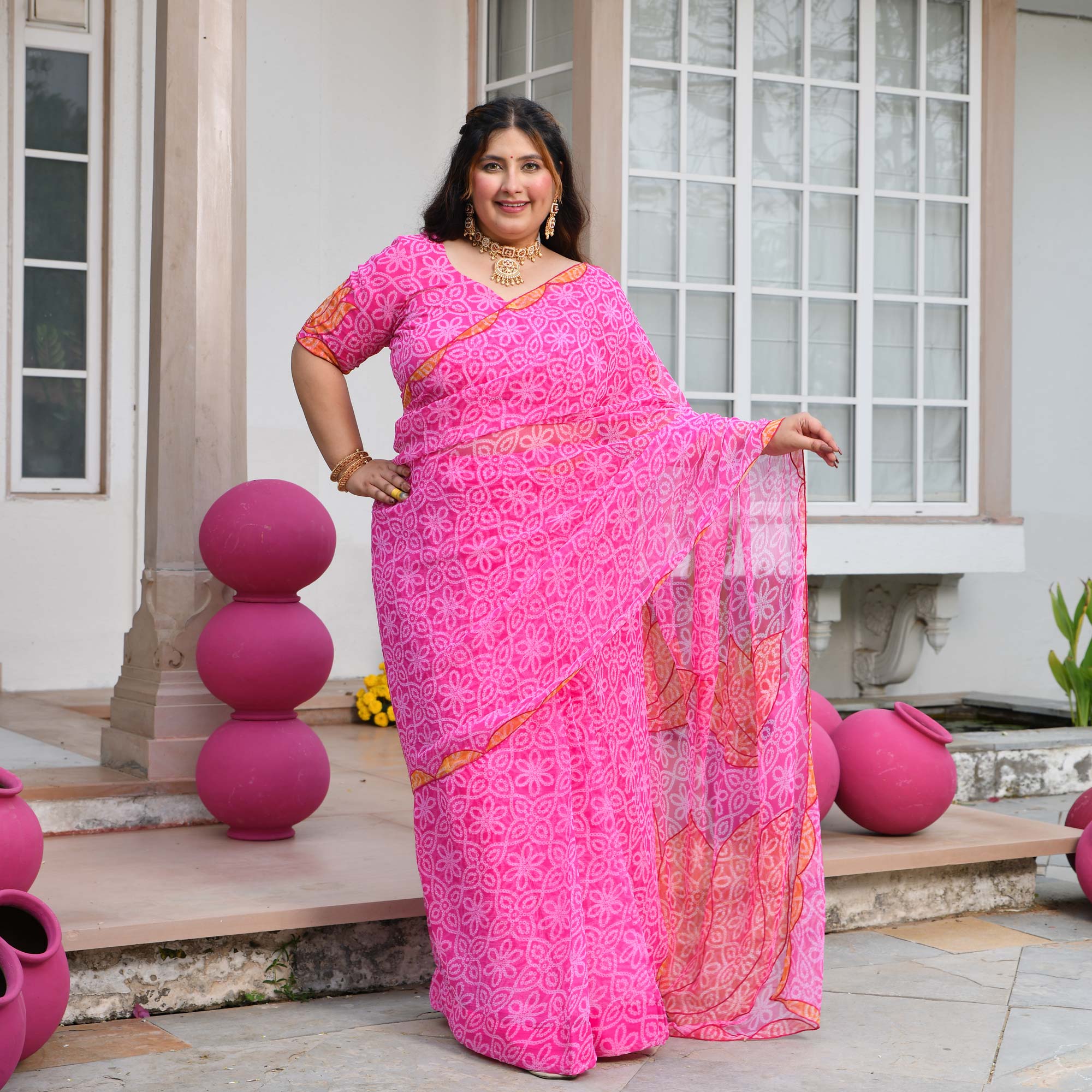 Nazakat- Gulabi Bandhani Applique Chiffon Pre-drape Saree