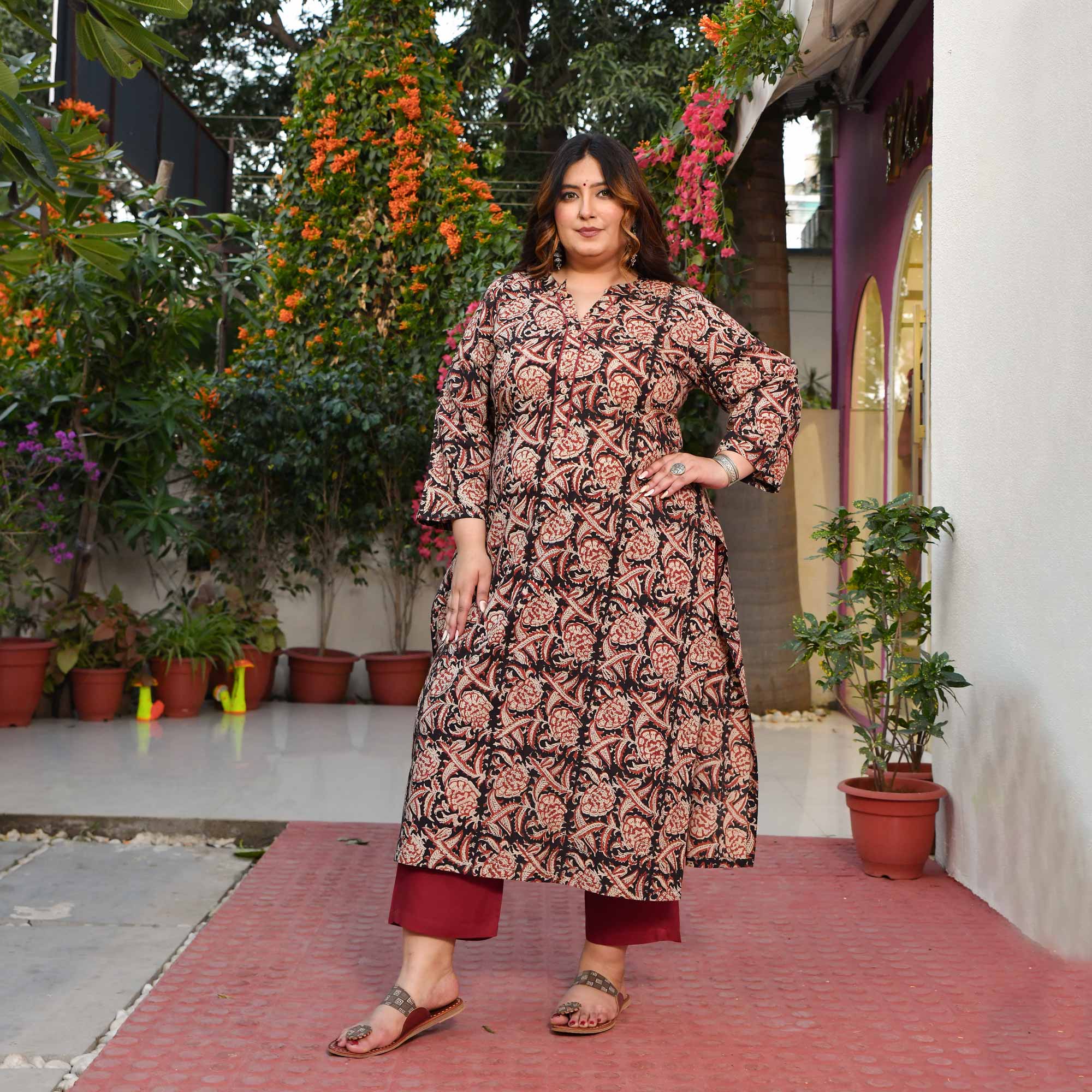 Woody Brown- Black & Beige Kalamkari Pure Cotton Kurta