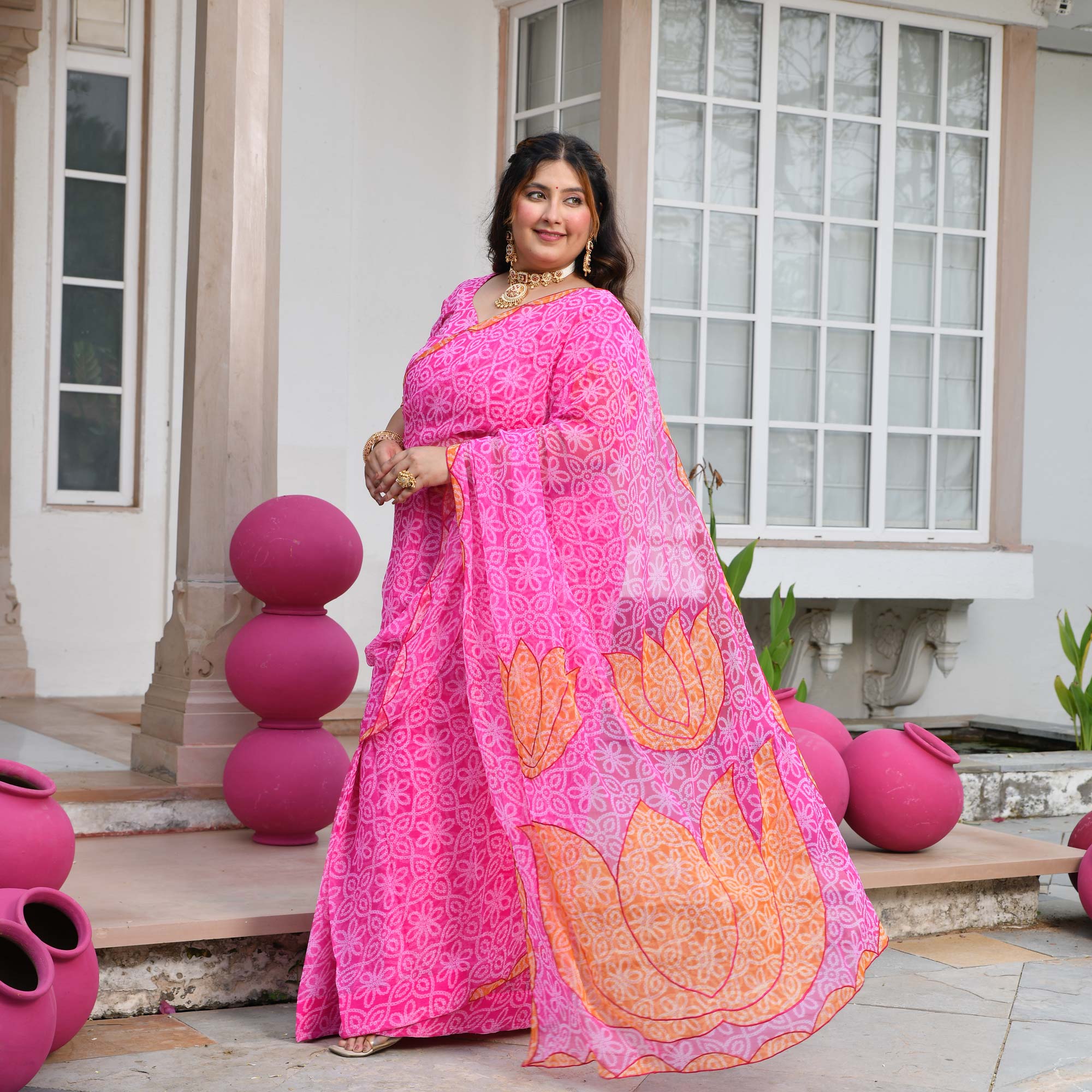 Nazakat- Gulabi Bandhani Applique Chiffon Pre-drape Saree