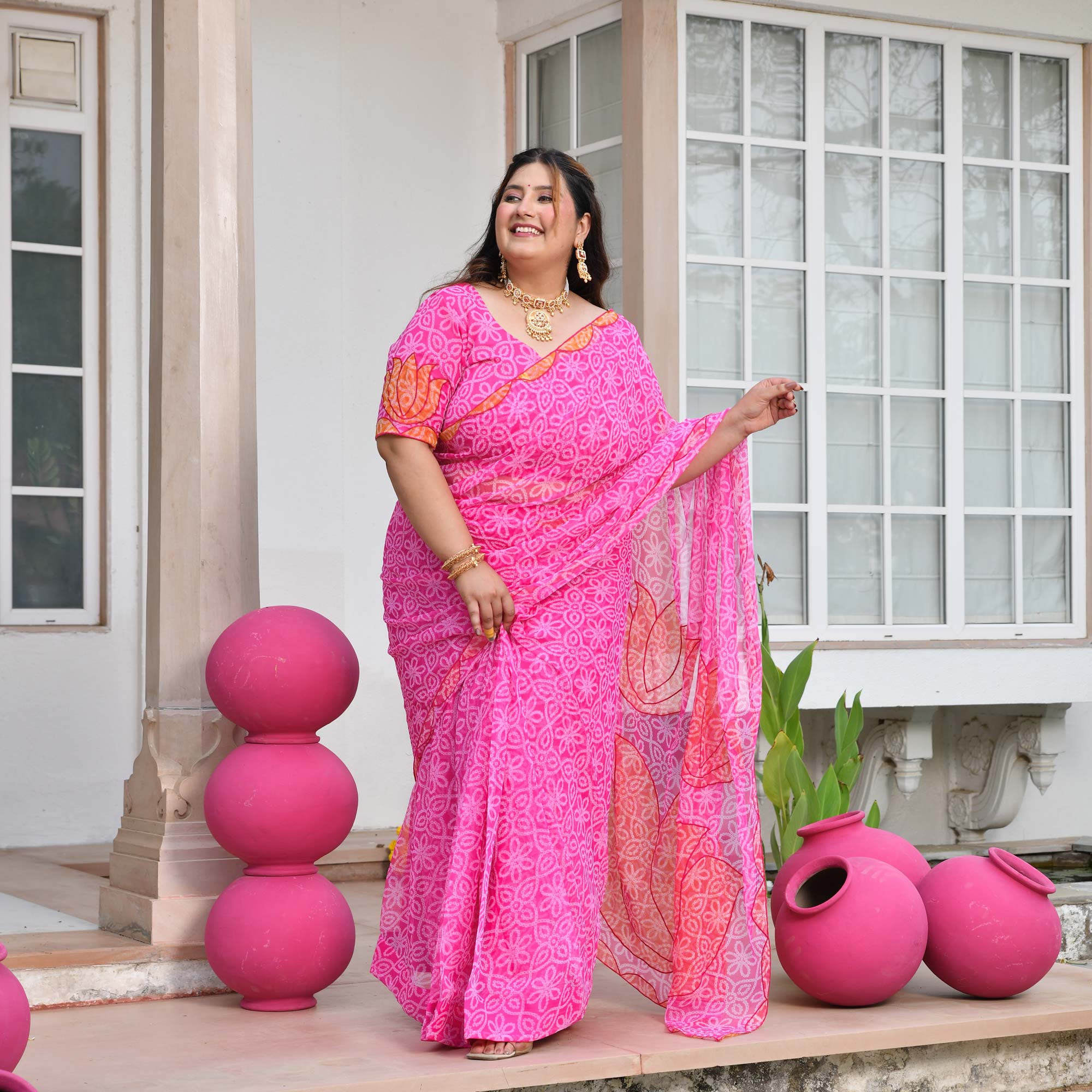 Nazakat- Gulabi Bandhani Applique Chiffon Pre-drape Saree