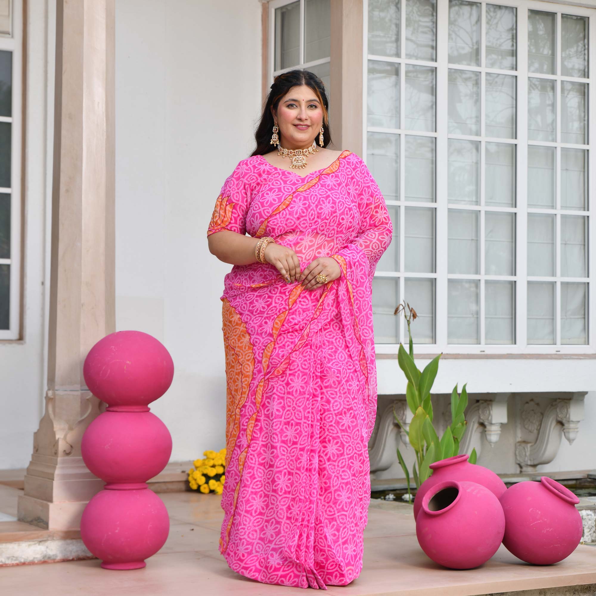 Nazakat- Gulabi Bandhani Applique Chiffon Pre-drape Saree