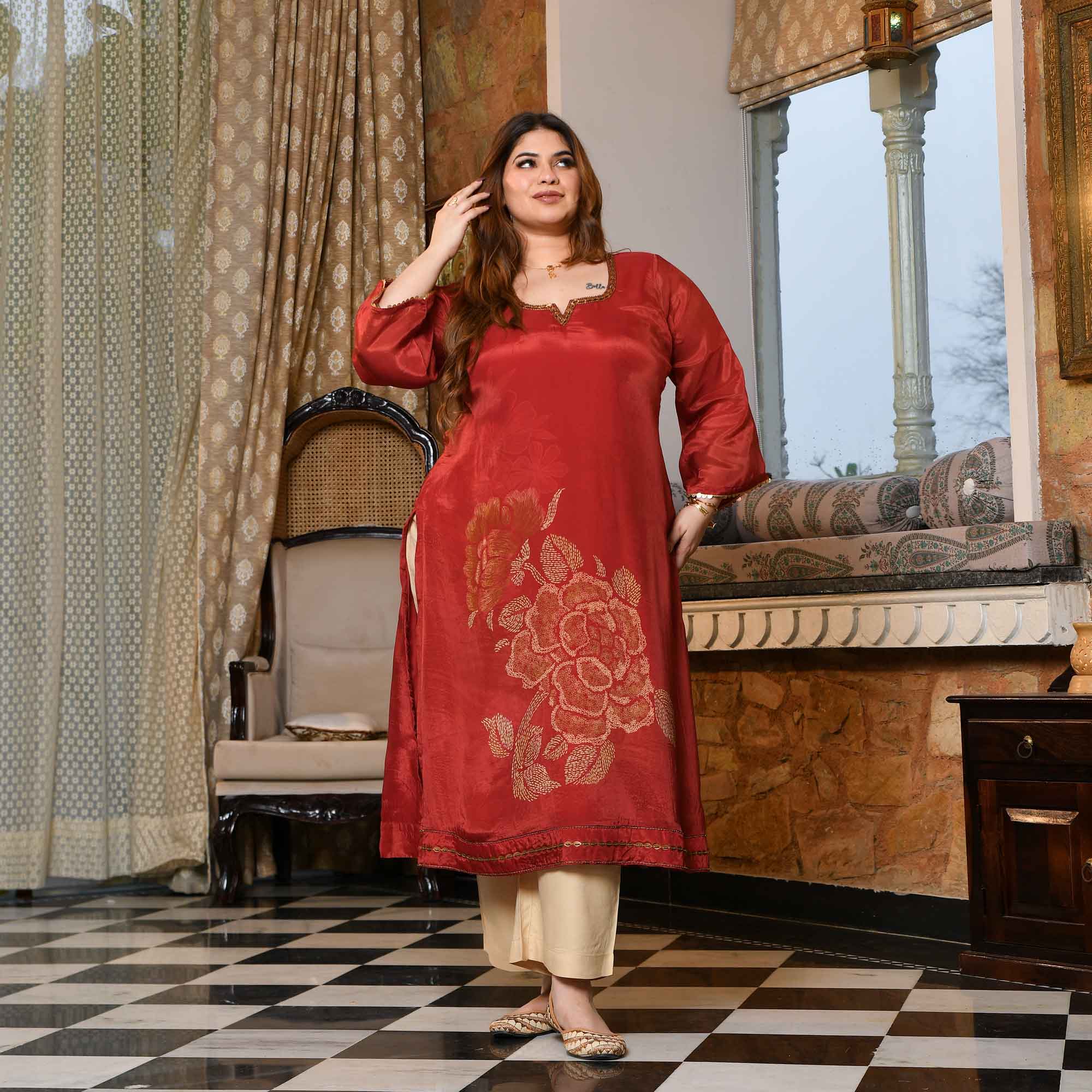 Sandalwood- Rust Floral Pure Organza Satin Kurta