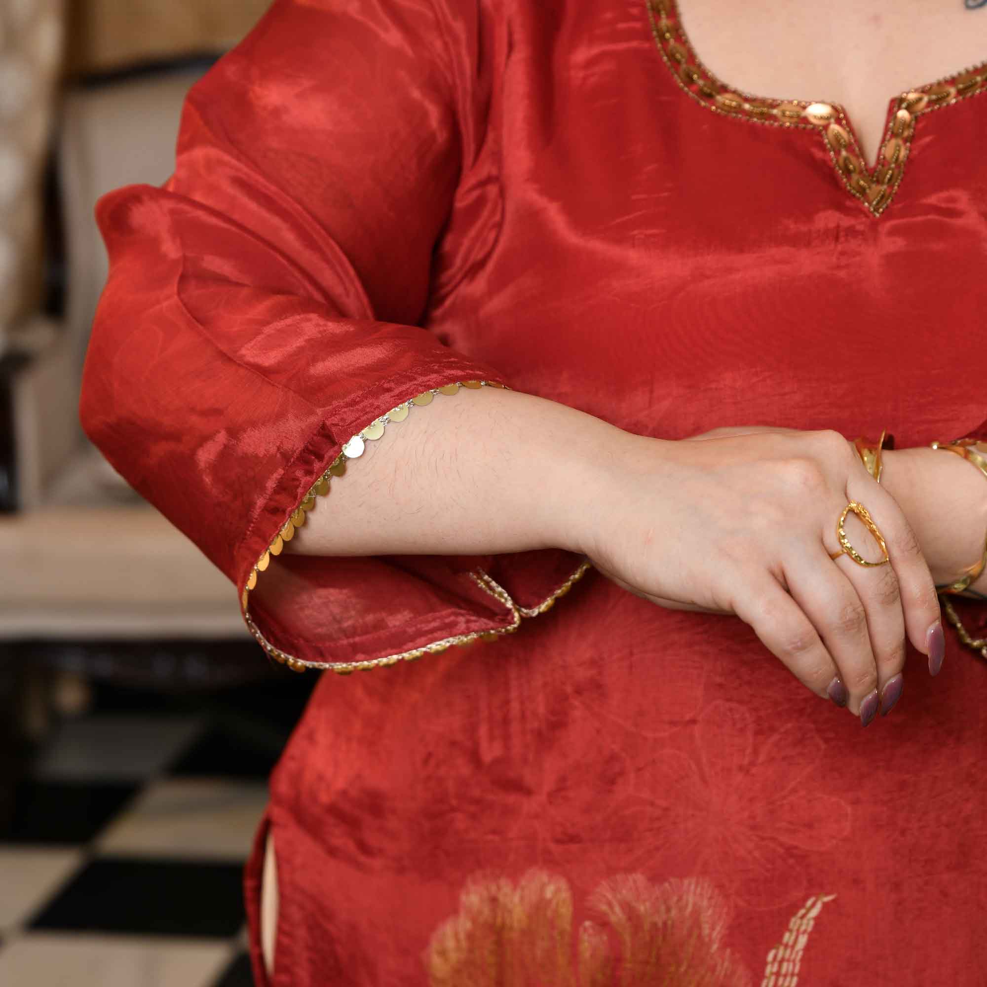 Sandalwood- Rust Floral Pure Organza Satin Kurta