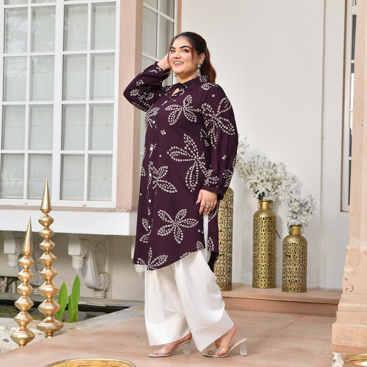Isabelle- Plum Bandhani Rayon Cotton Farshi Set