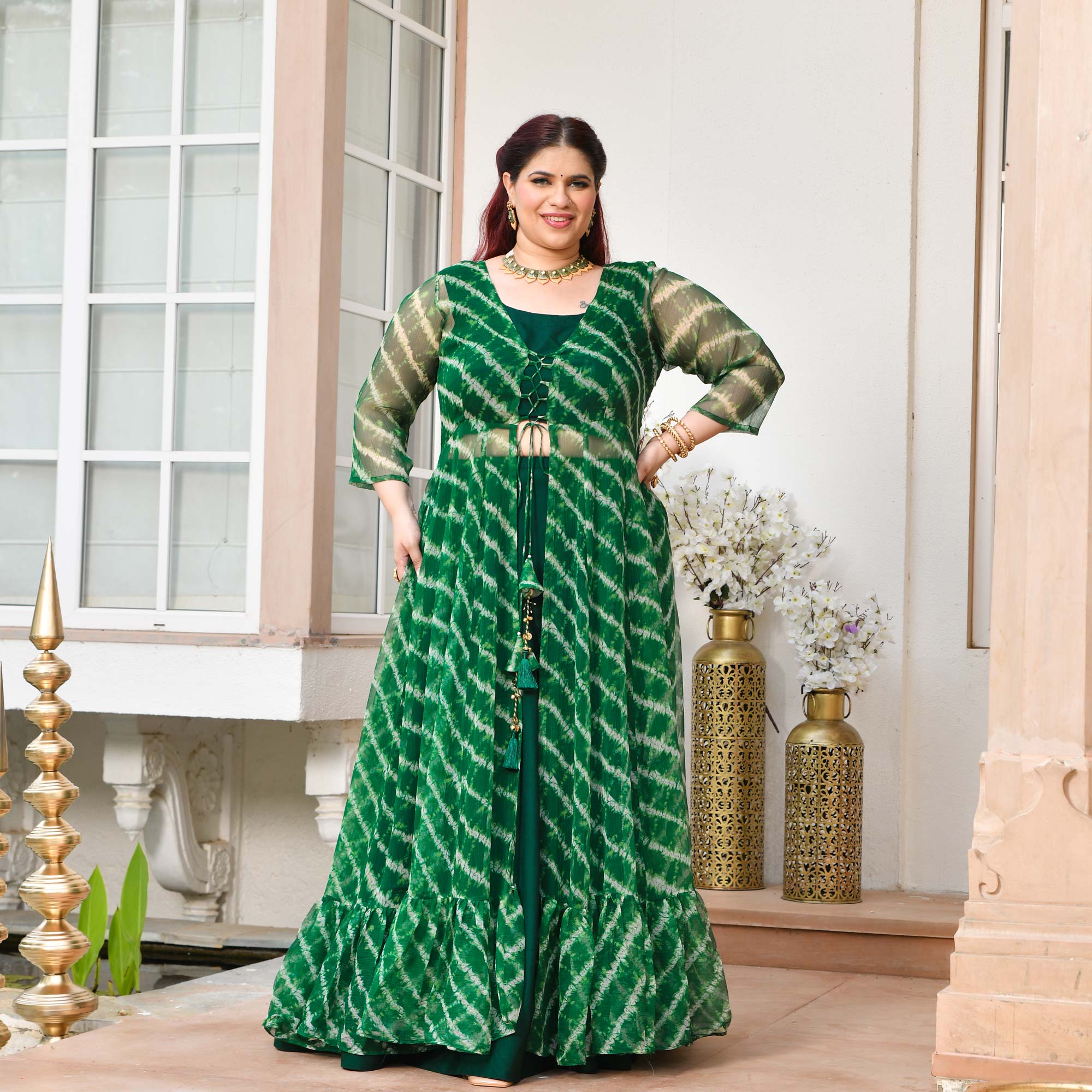 Morni- Dark Green Leheriya Chiffon Cape Set