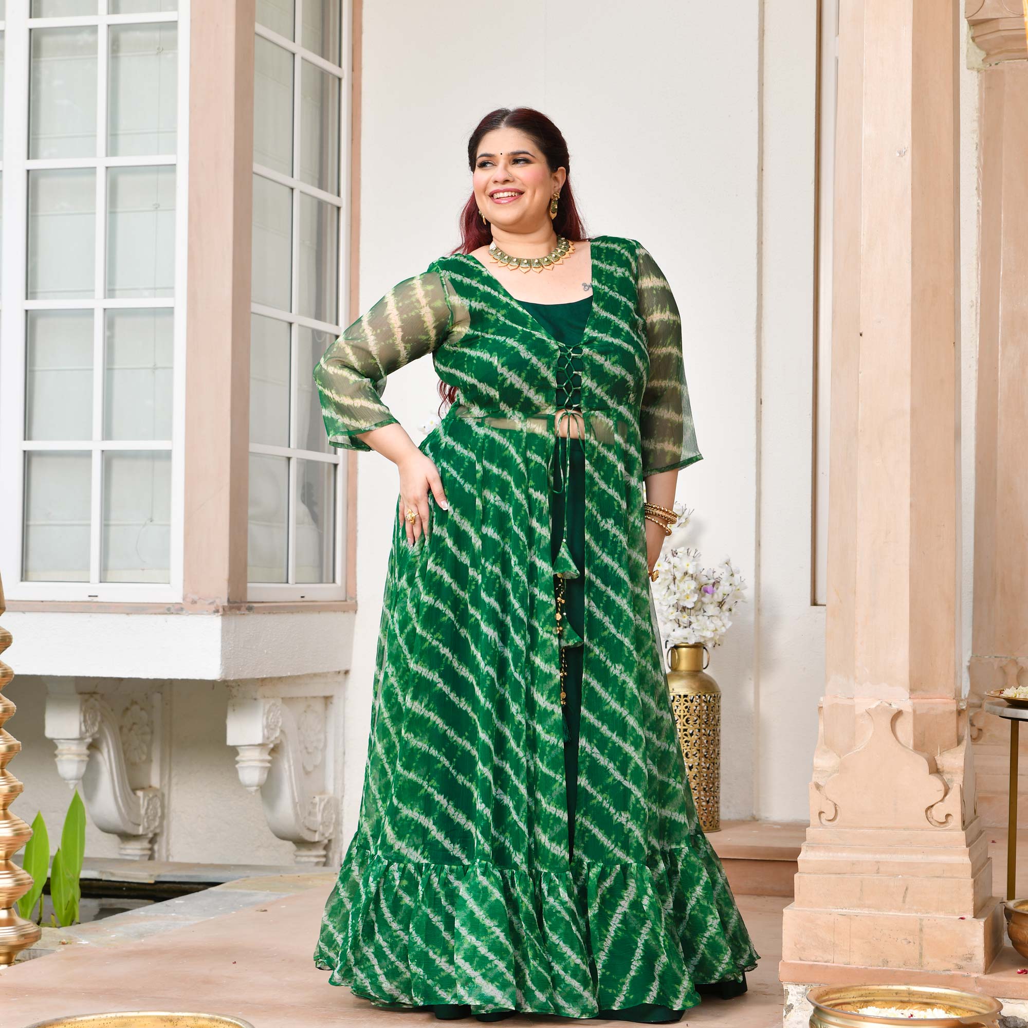 Morni- Dark Green Leheriya Chiffon Cape Set