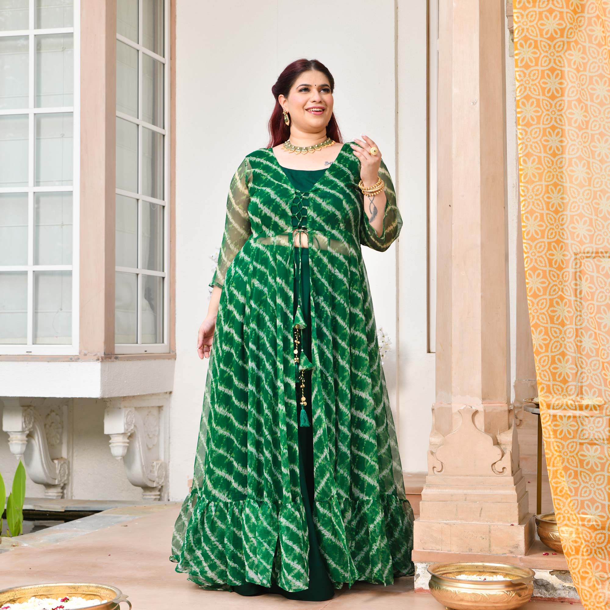 Morni- Dark Green Leheriya Chiffon Cape Set
