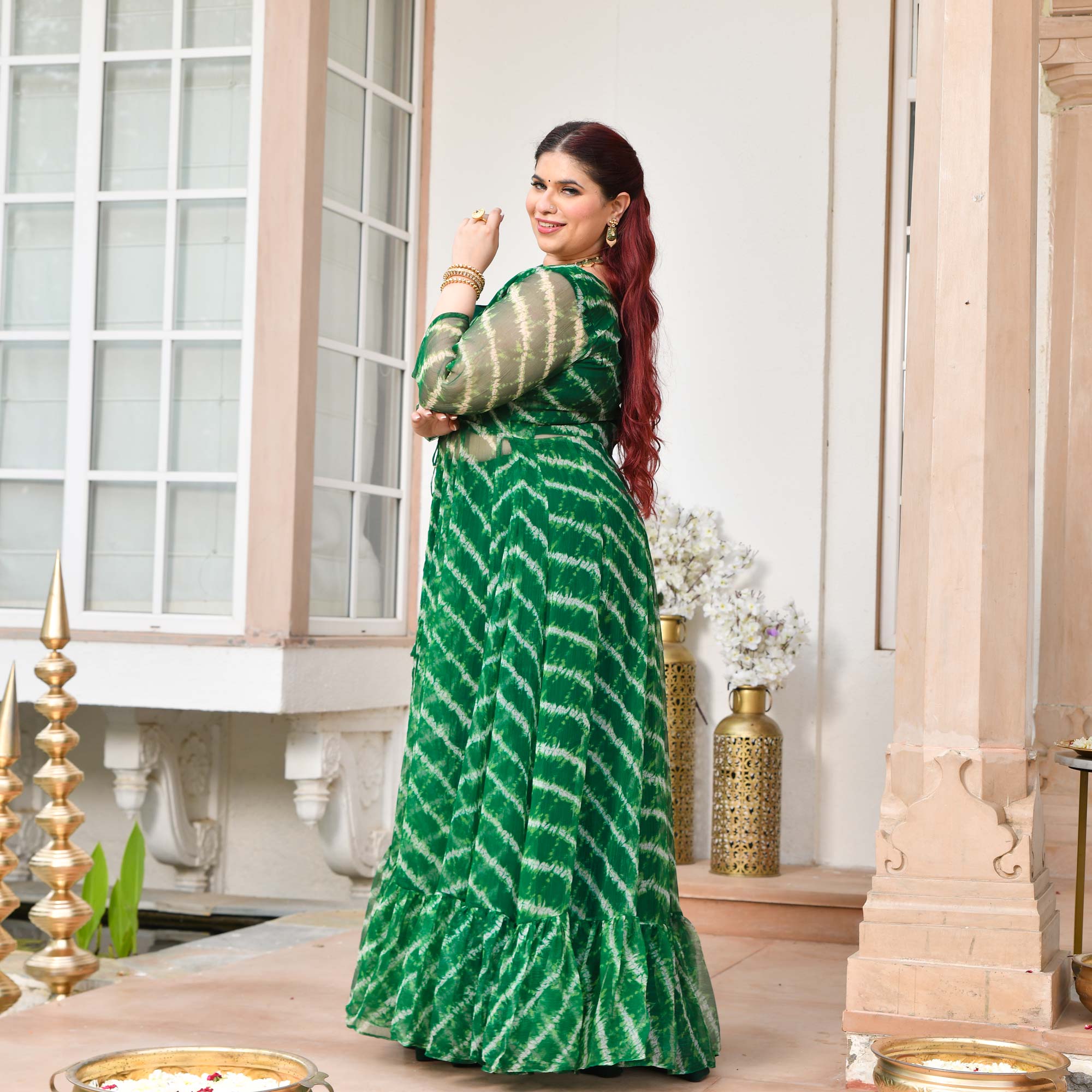 Morni- Dark Green Leheriya Chiffon Cape Set