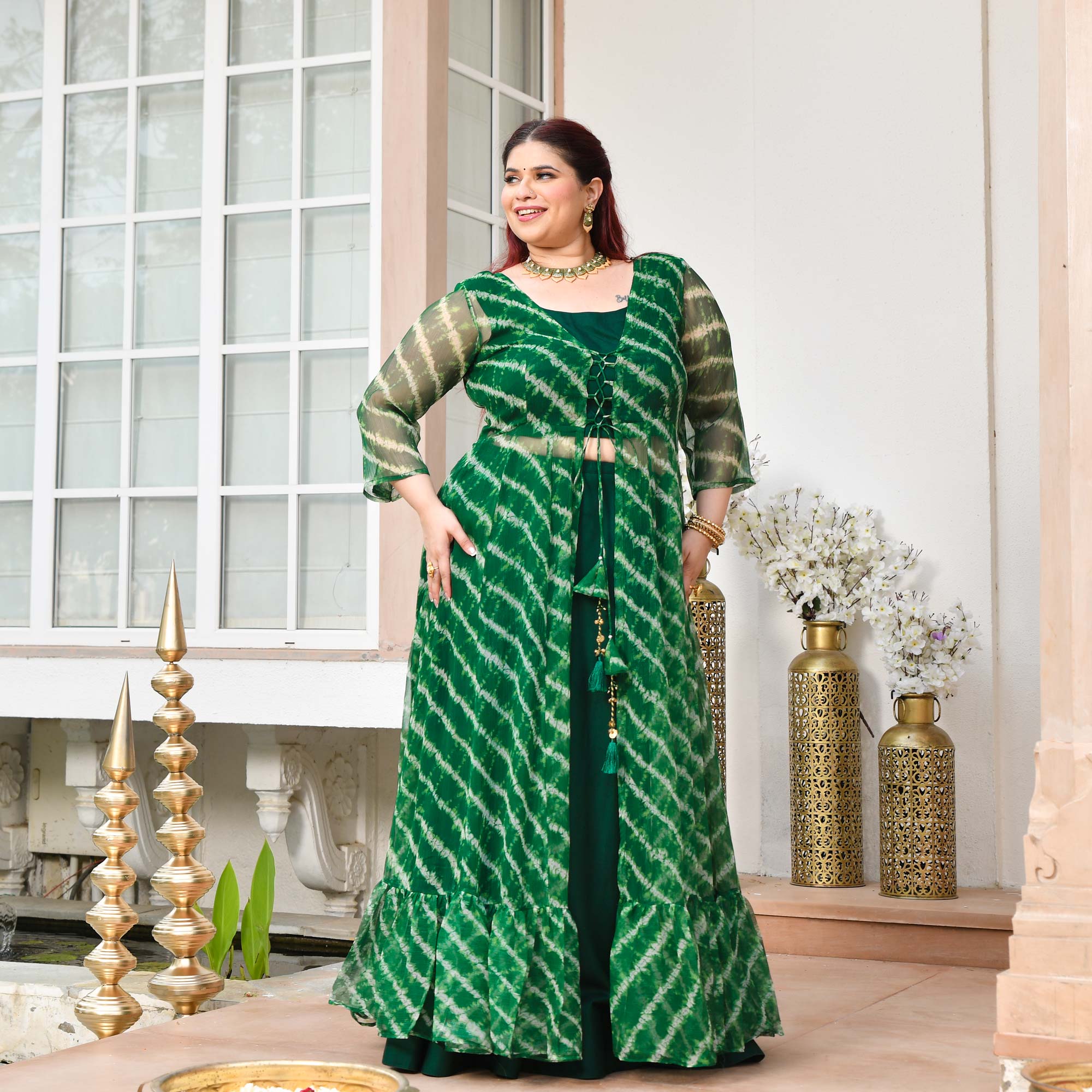 Morni- Dark Green Leheriya Chiffon Cape Set