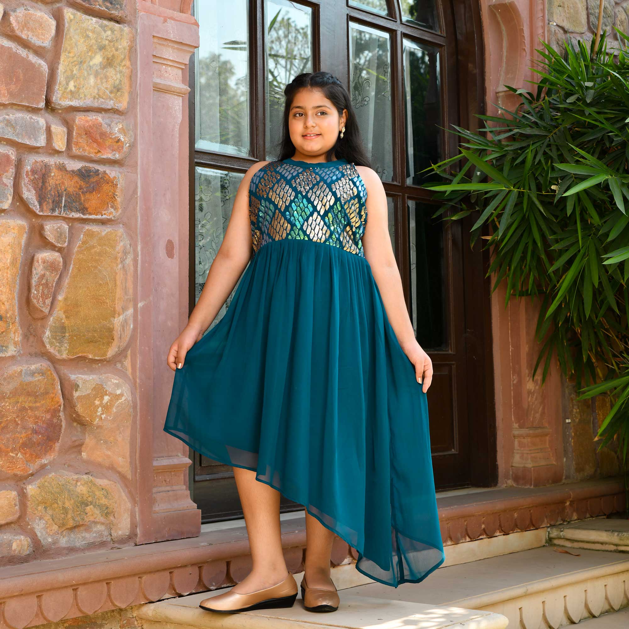 Aqua Metallic Sequin Embroidered Asymmetrical Dress