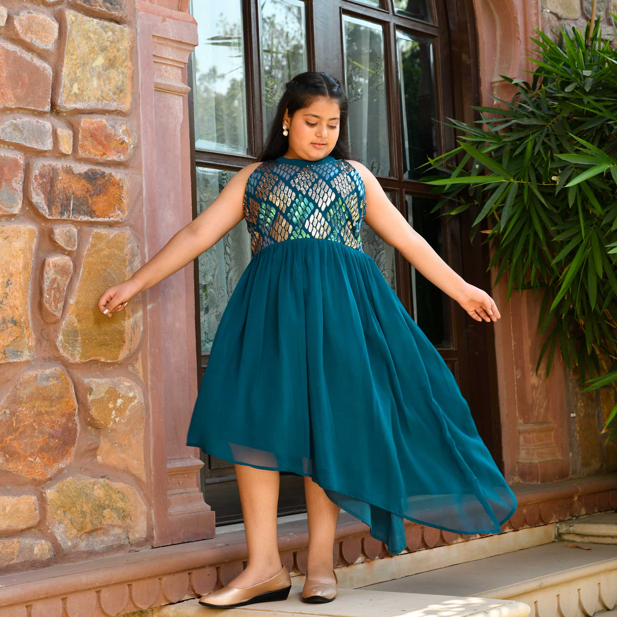 Aqua Metallic Sequin Embroidered Asymmetrical Dress