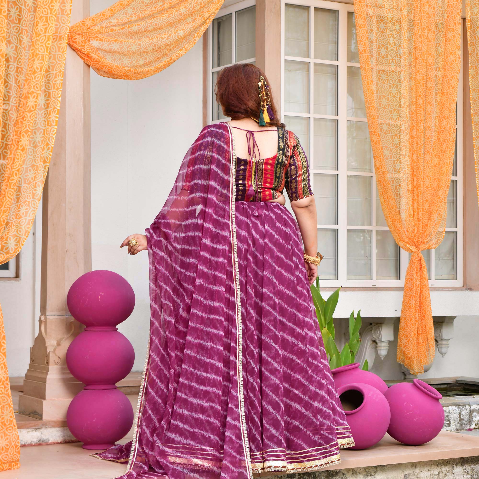 Basanti- Wine Banarasi Brocade Leheriya Chiffon Lehenga Set