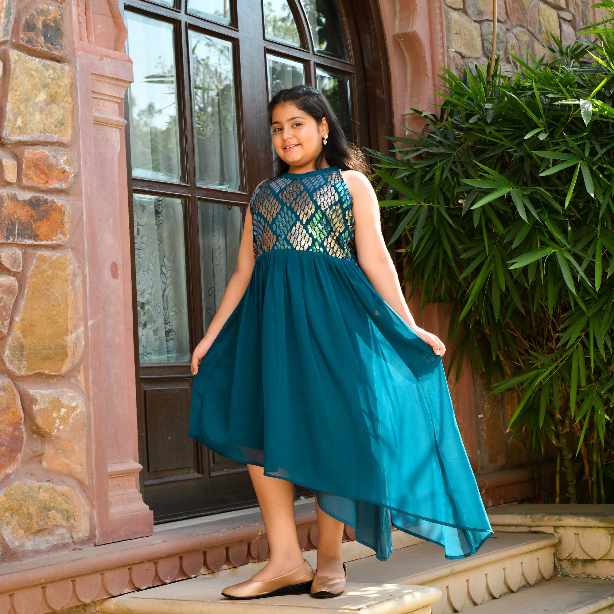 Aqua Metallic Sequin Embroidered Asymmetrical Dress